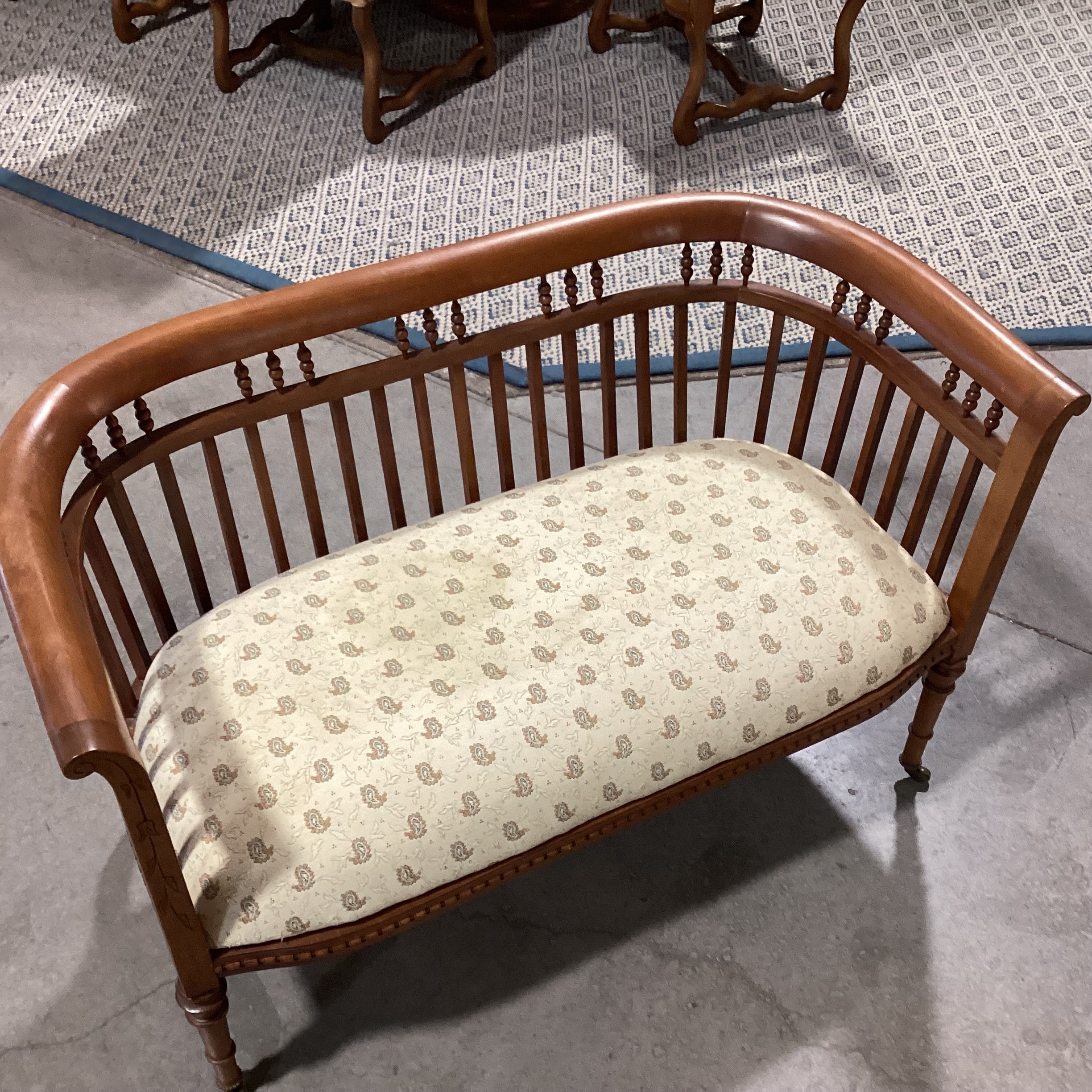 Antique Carved Wood Detail with Spindle Curved Back & Paisley Seat on Casters Bench 45"x 25"x 29"