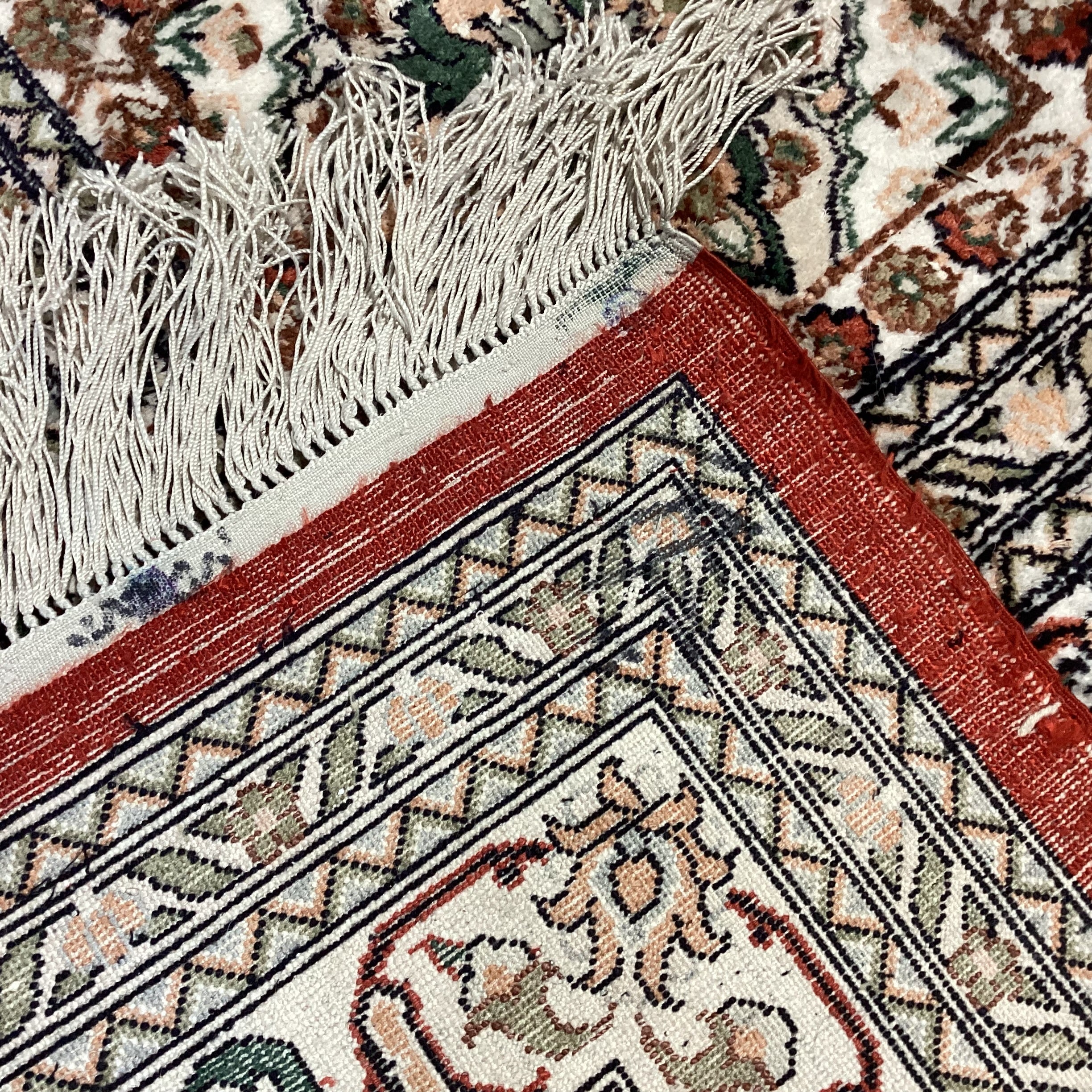 Ivory Rust Coral Blue Green Hand Woven Silk Rug 9'10"x 15.5"