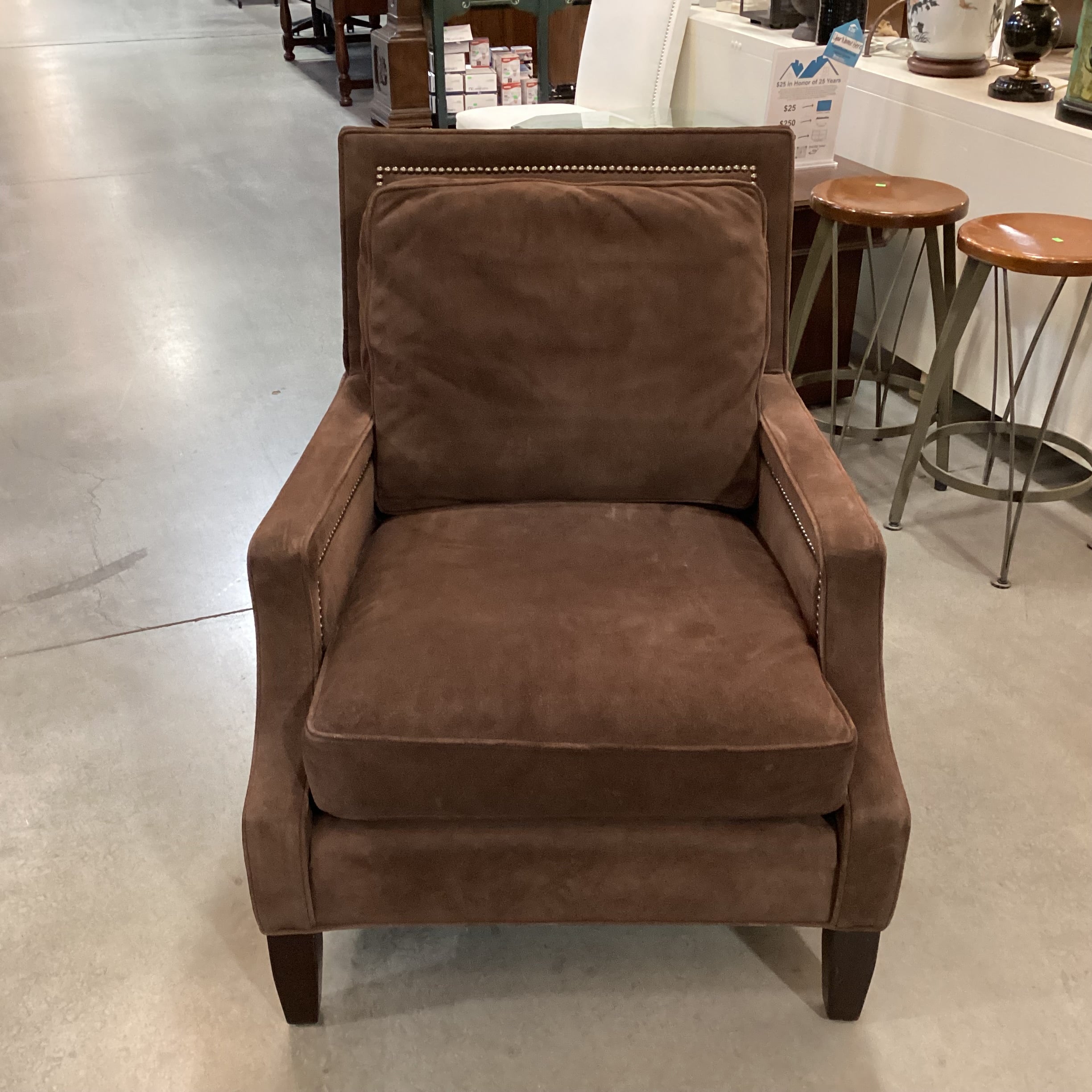 Wesley Hall Chocolate Suede Nailhead Chair 30"x 24"x 37"