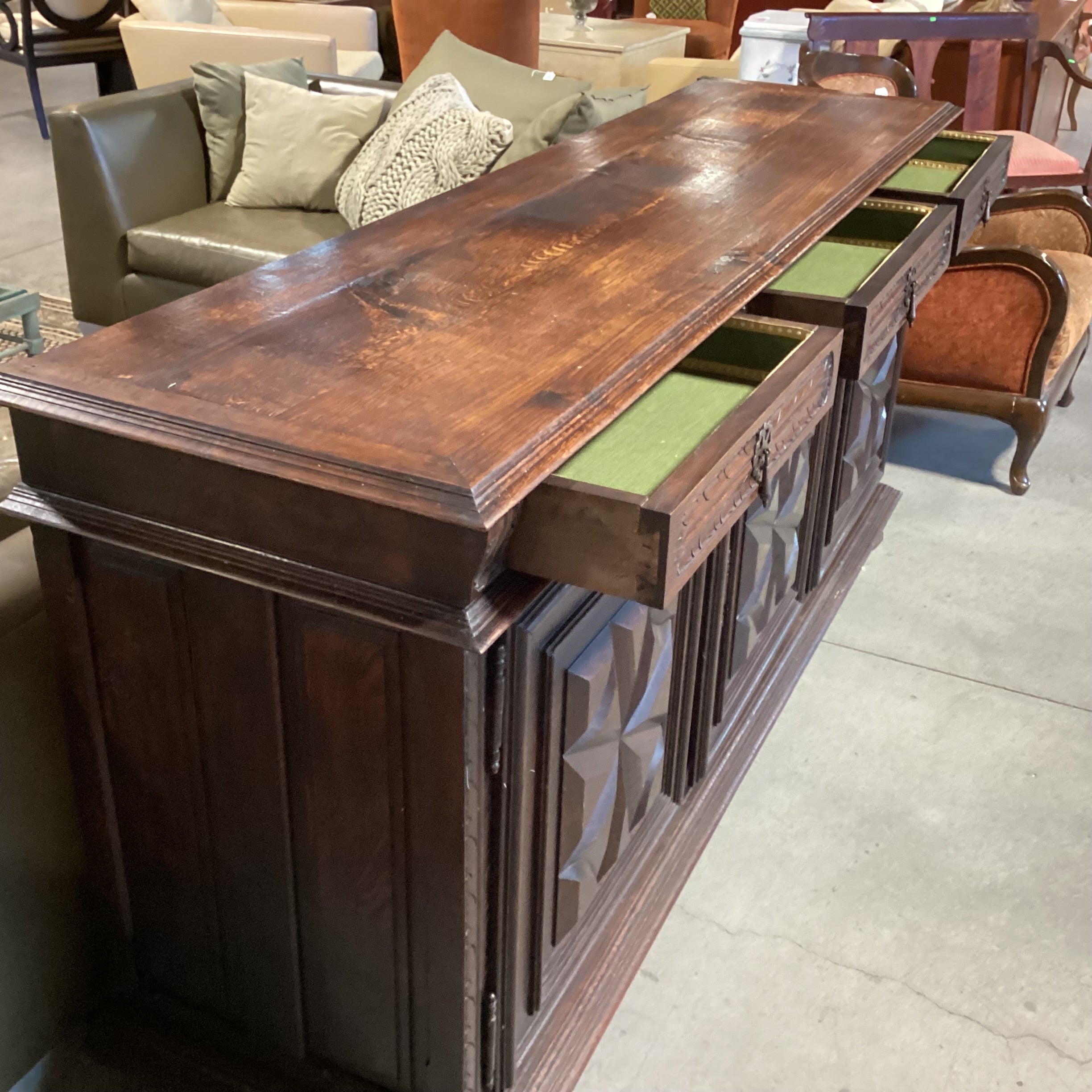 Antique Solid Carved Finished Oak 3 Drawer 3 Door Credenza 83"x 22"x 39"