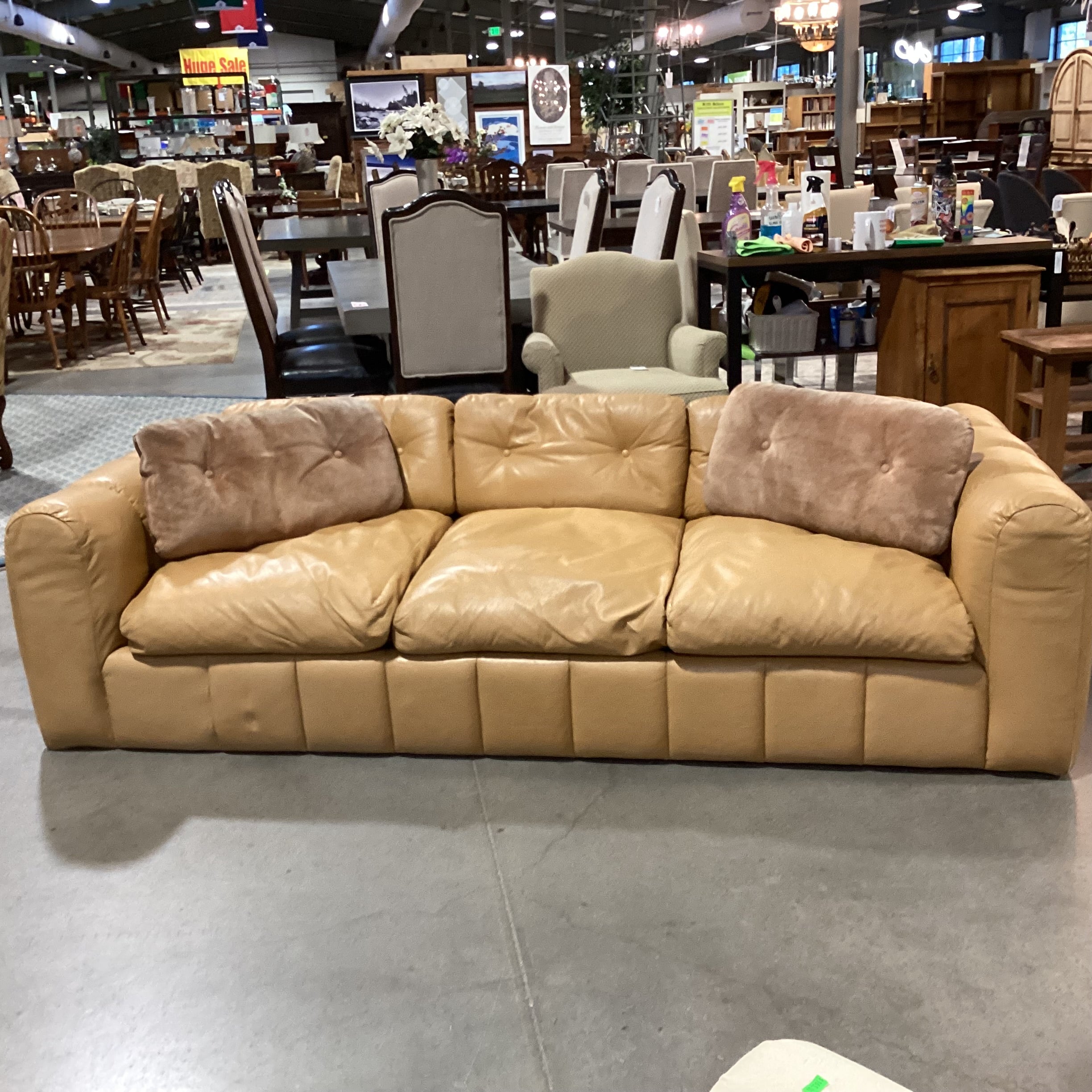 Interior Crafts Chicago Vintage Tan Leather Channel Ribbed Tufted Sofa 98"x 42"x 26"