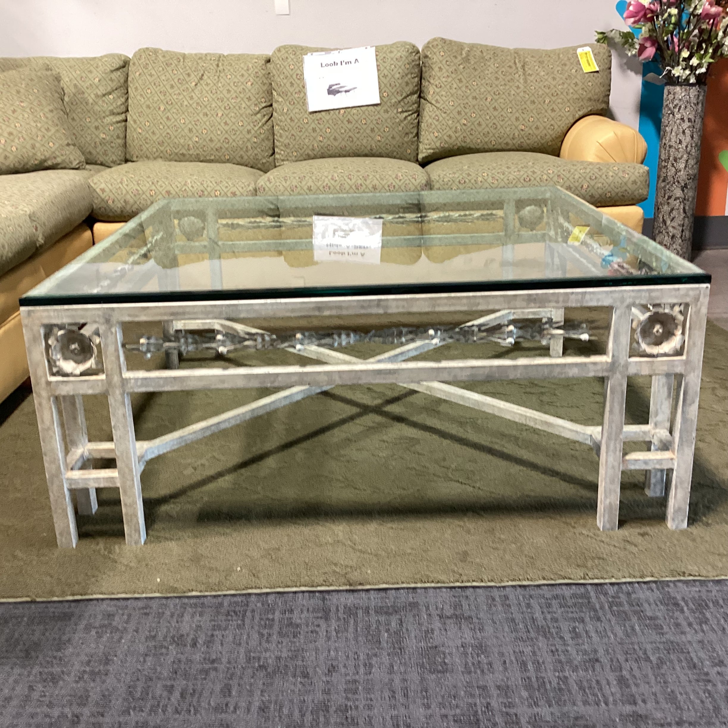 Brushed Antiqued Ivory Iron with Floral Detail & Glass Coffee Table 48"x 48"x 20"