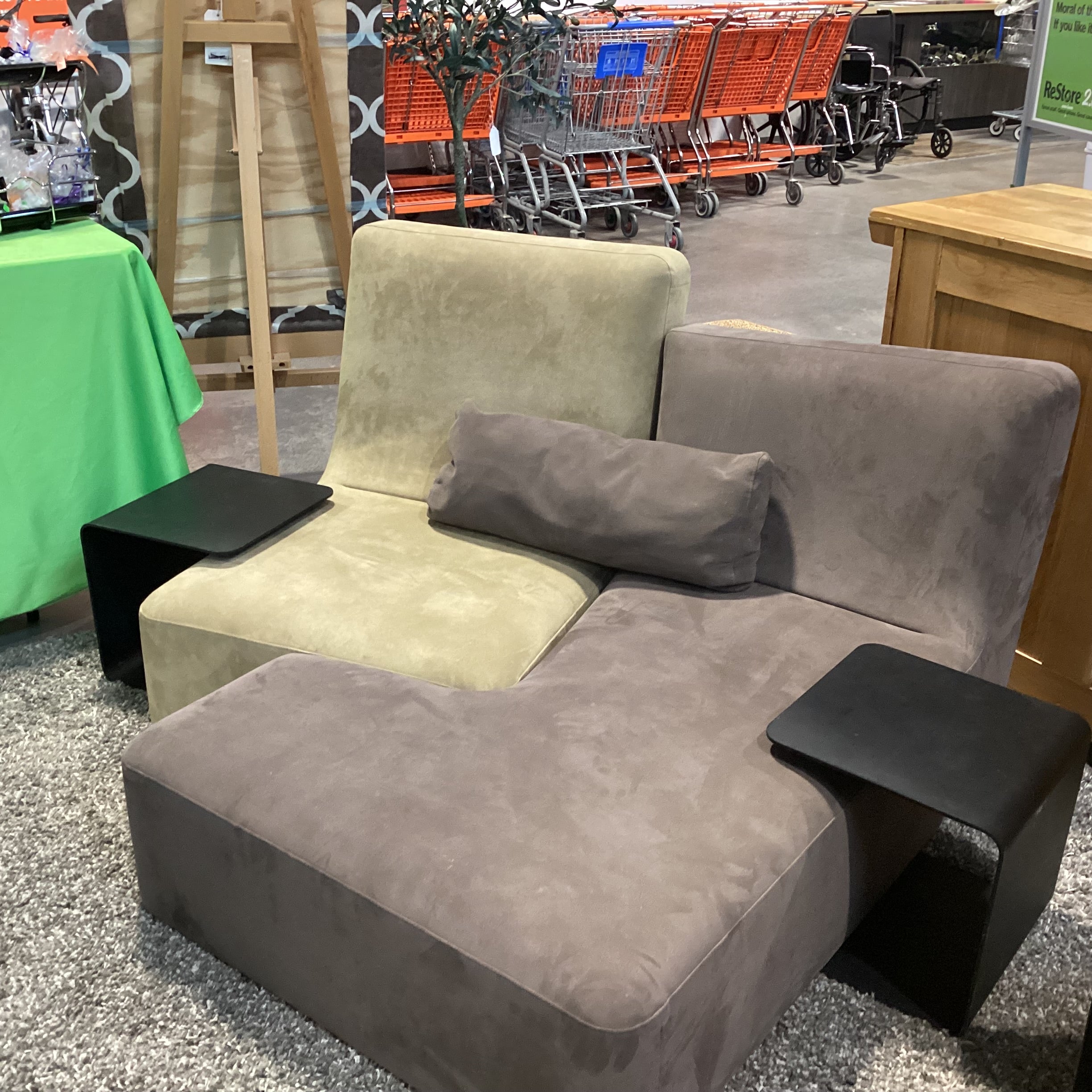 Liqne Roset Confluences by Philippe Nigro Brown & Tan Ultra Suede with 2 Black Iron Side Tables Modular Sectional 59"x 55"x 33"