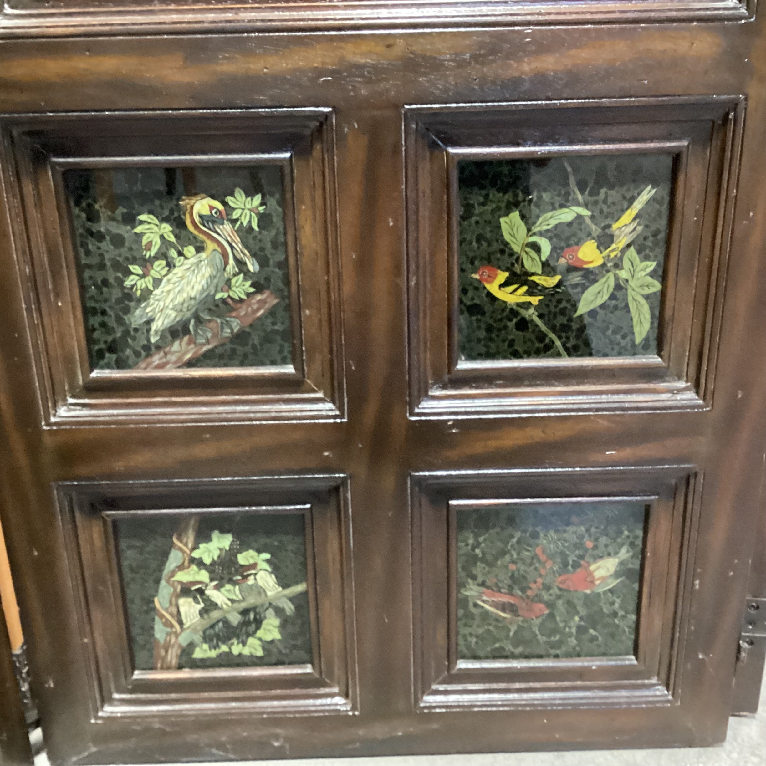 Maitland Smith Carved Wood Metal Lattice & Bird Painted Glass Panes 3 Panel Room Divider 26"x 91.5" Per Panel