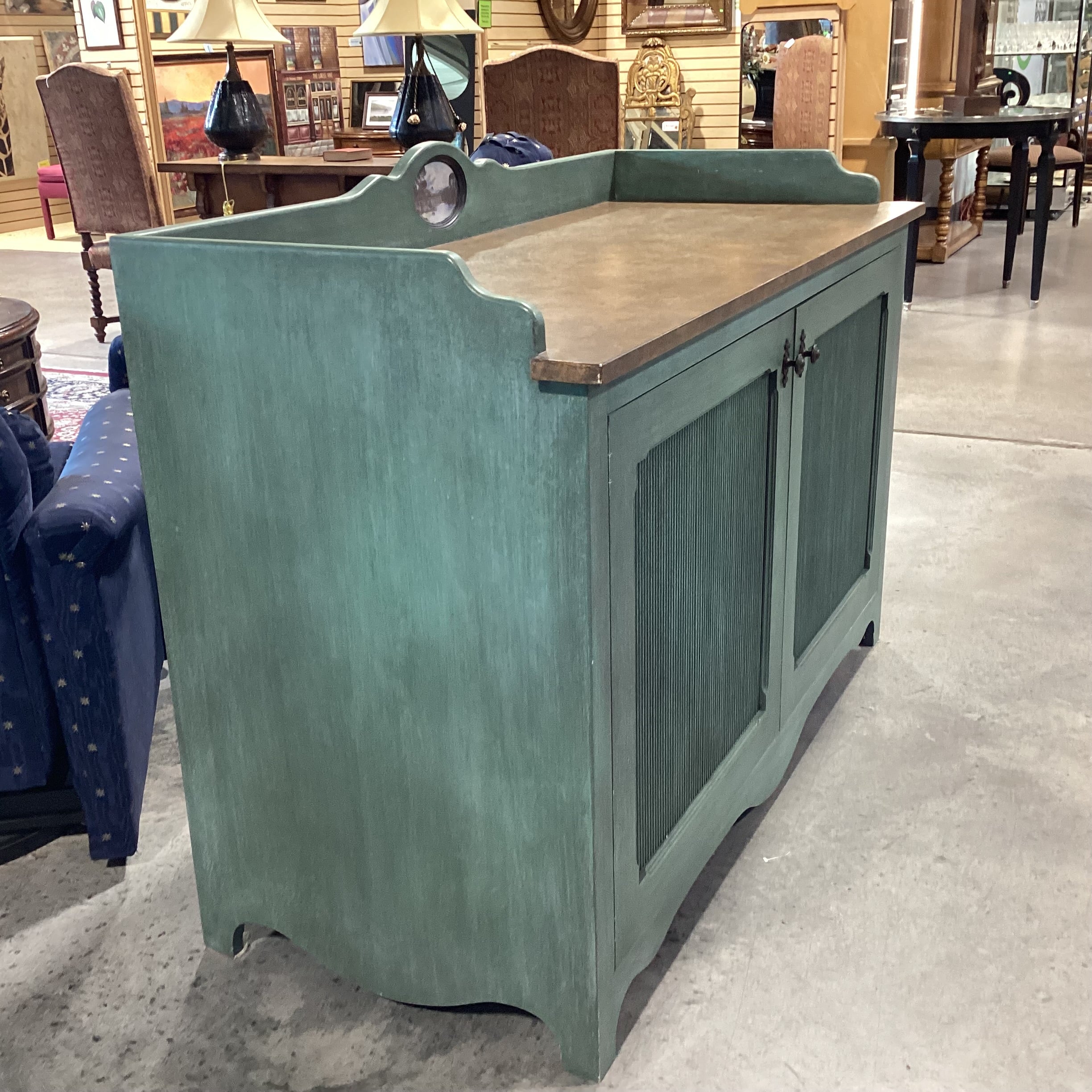 Hand Crafted Green Finished Wood with Ribbed Doors Backsplash Detail & Shelves Buffet Sideboard 59.9"x 26"x 43"