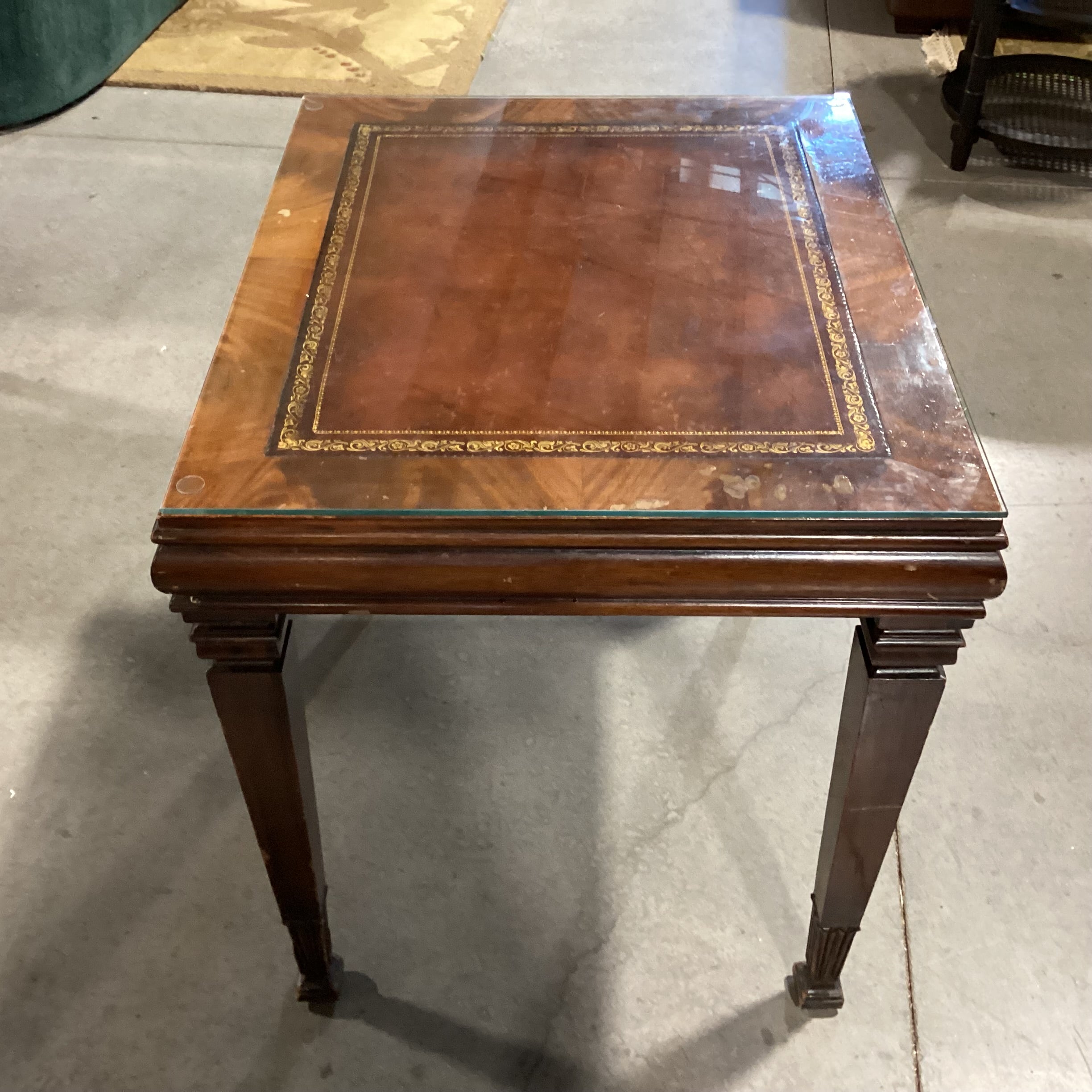 Vintage Finished Carved Wood Veneer Band & Inset Leather Glass Top End Table 27"x 23"x 27"