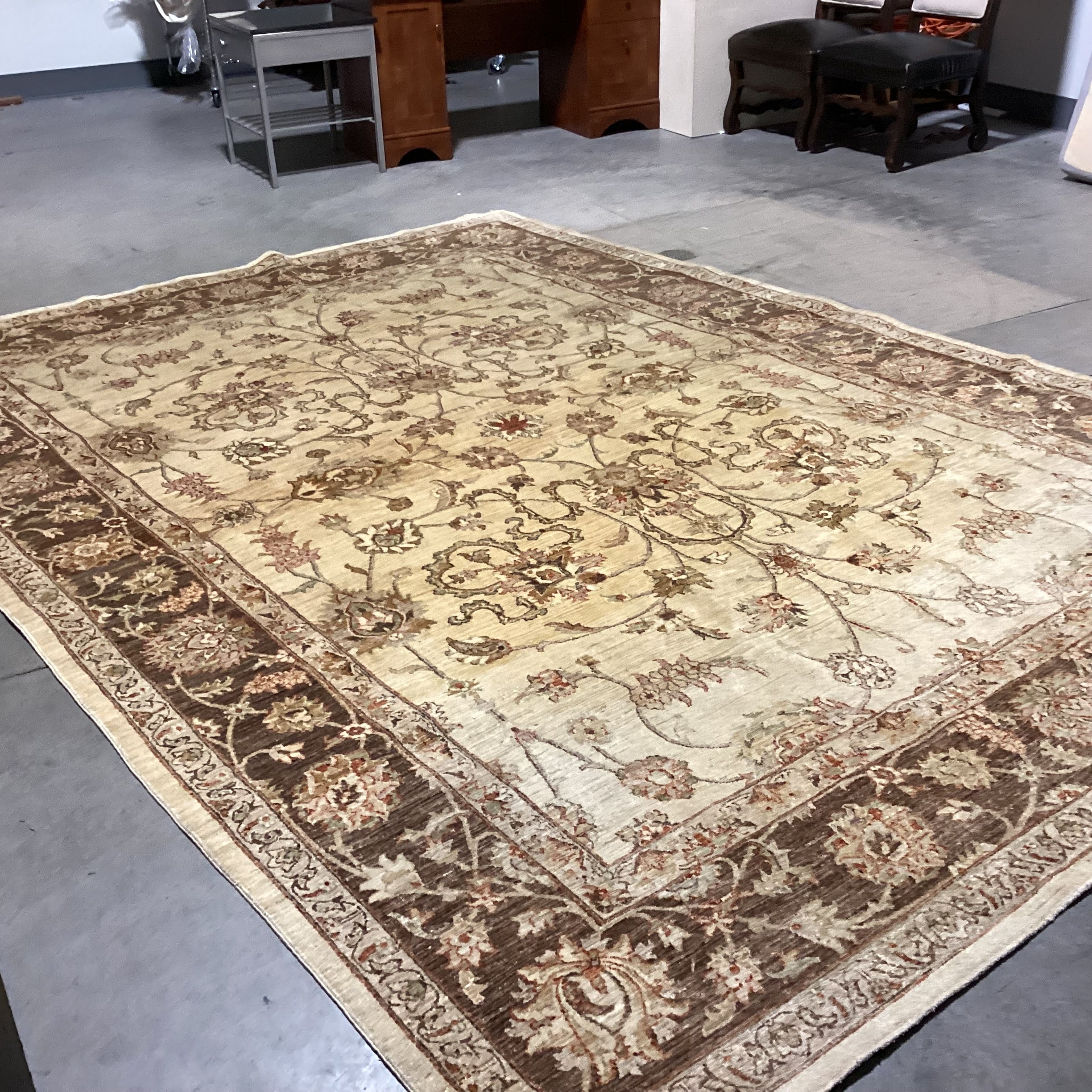 Cream Brown Rust Floral with Border Hand Woven Wool Rug 8'10"x 12'