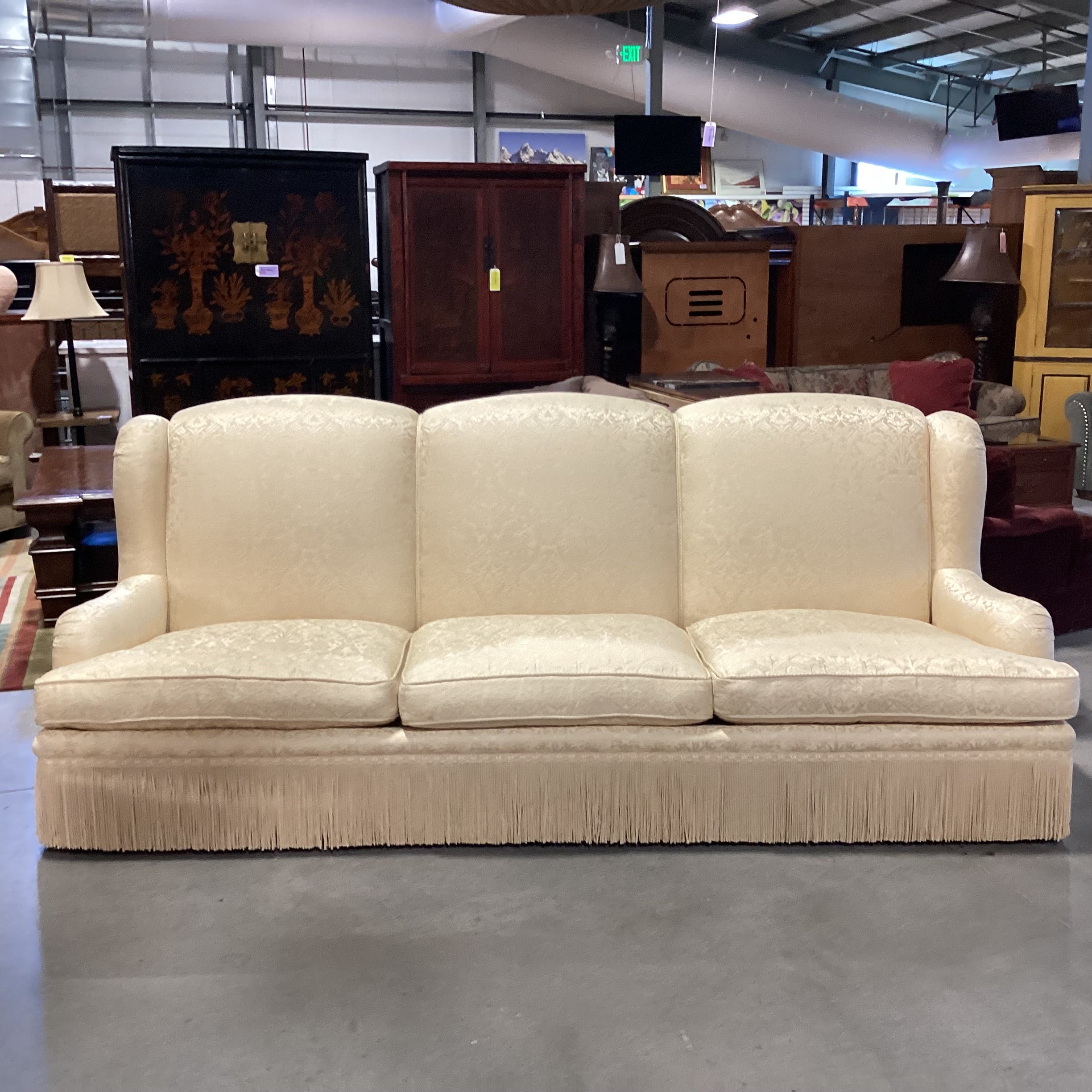 Custom Gold Raised Stitched Floral Urns with Piping & Fringe Down Mix High Back Sofa 102"x 41"x 41"