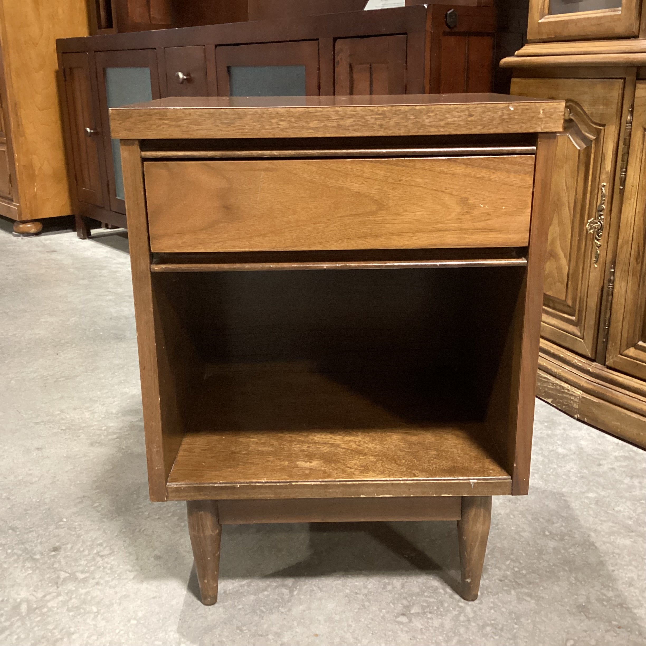 Mid Century Walnut & Veneer 1 Drawer Nightstand 18"x 14"x 24"