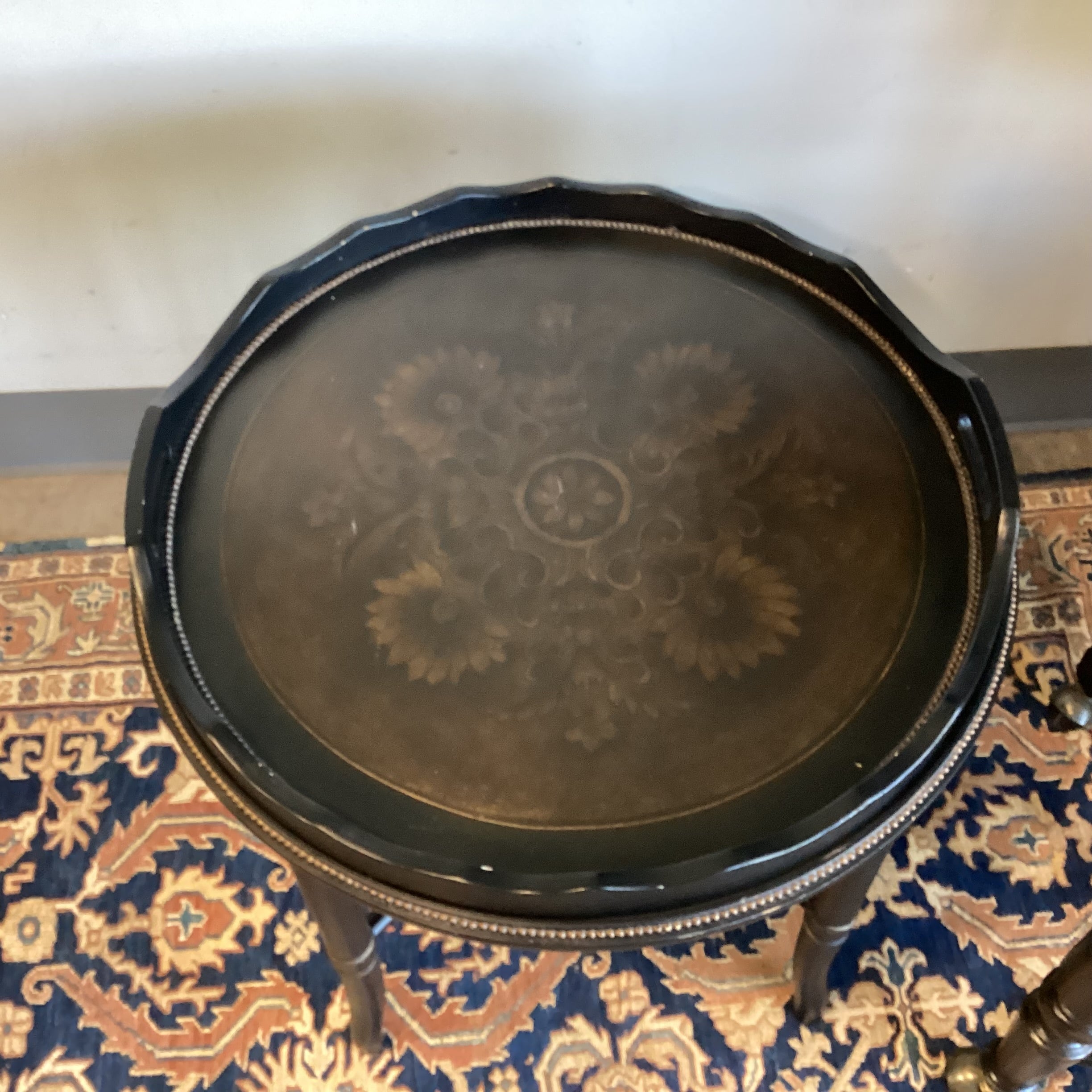 Black Distressed Wood with Ornate Trestle & Metal Beading Detail Round Tray Top Accent Table 26" Diameter x 26.5"