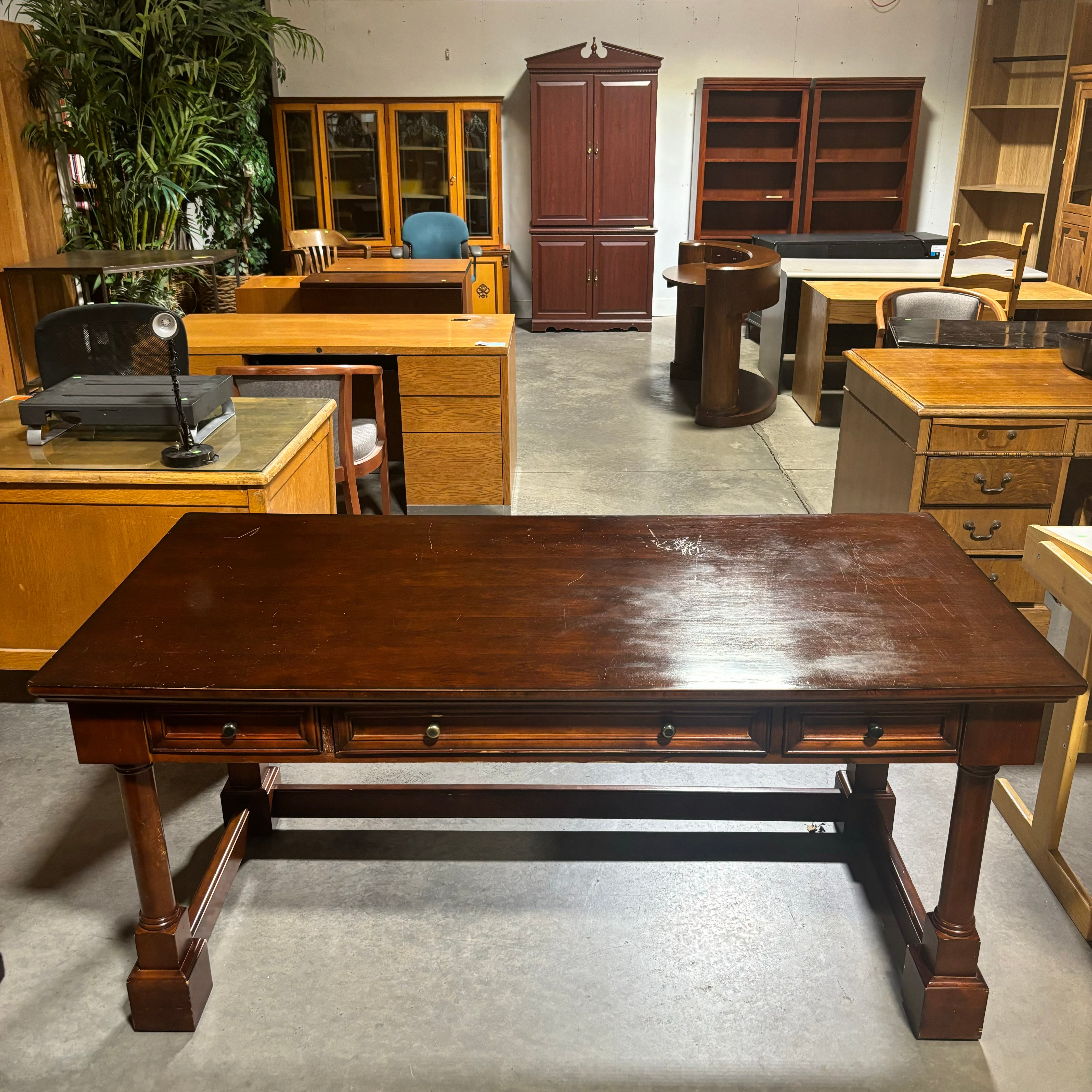 Ornate Carved Dark Finish Wood 3 Drawer with Trestle Desk 66"x 32"x 30"
