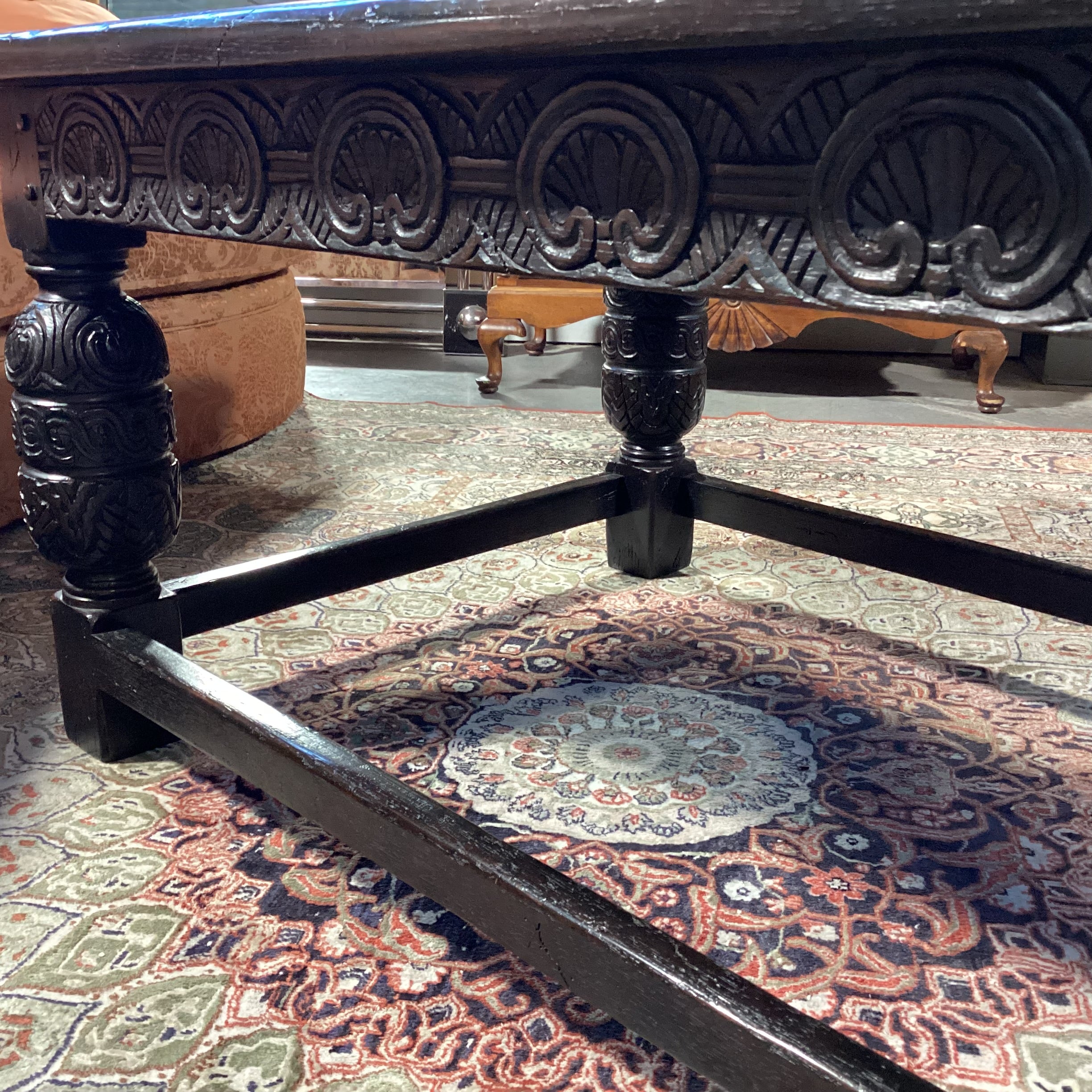 Antique Black Finish Ornate Carved Wood Coffee Table 60"x 36"x 24"