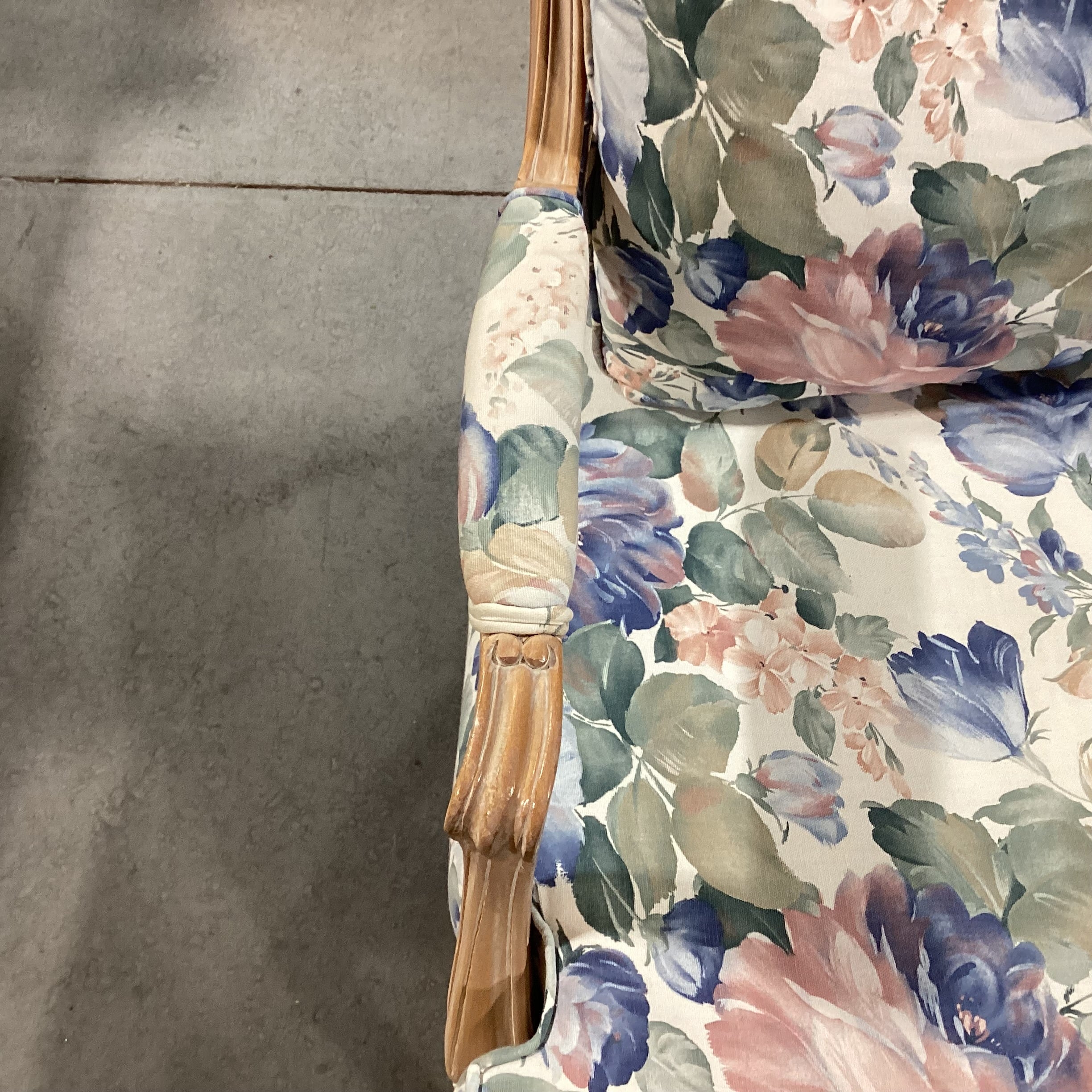 White Washed Carved Wood & Blue Floral Chair 30"x 32'x 35"