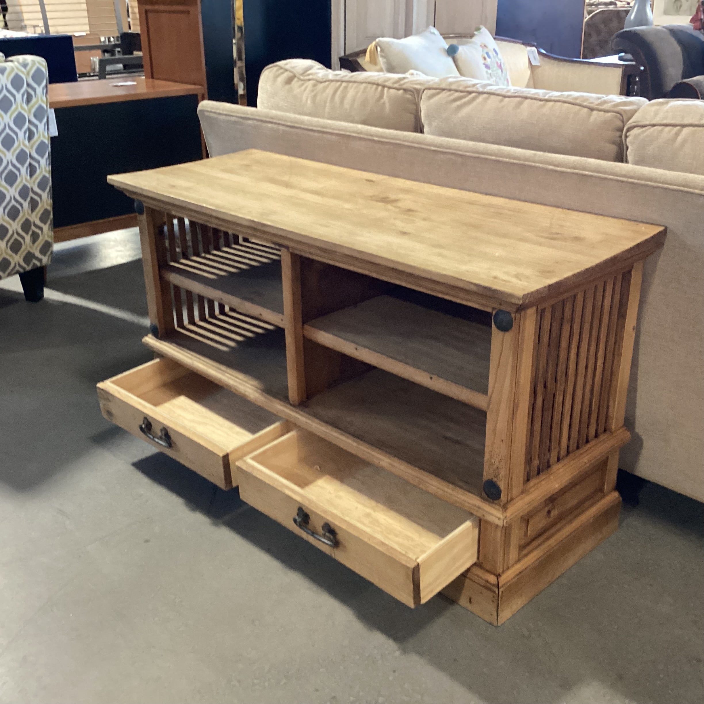 Rustic Natural Pine 2 Drawer with Shelves Console 48"x 18"x 26.5"
