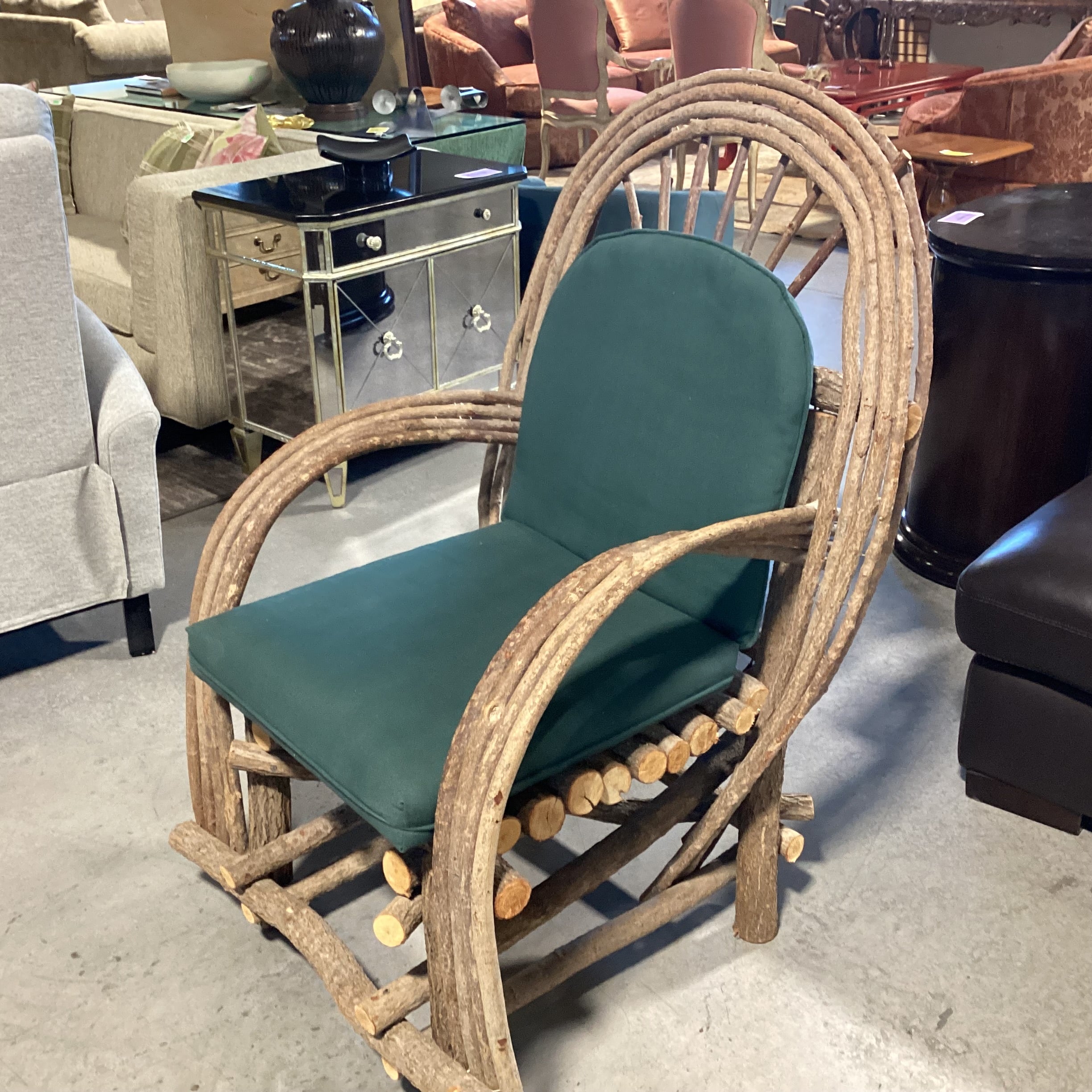 Log & Branch Arched & Rounded Arm with Green Cushions Chair 31"x 33"x 35"