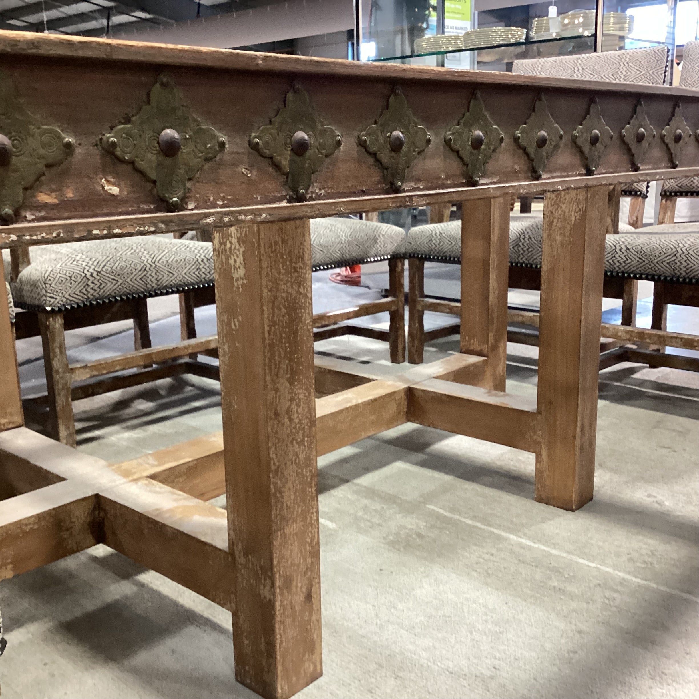 Custom Carved Textured Distressed Finish with Inset Crackle Glass Table with 10 Chairs Dining Set 96"x 72"x 30"