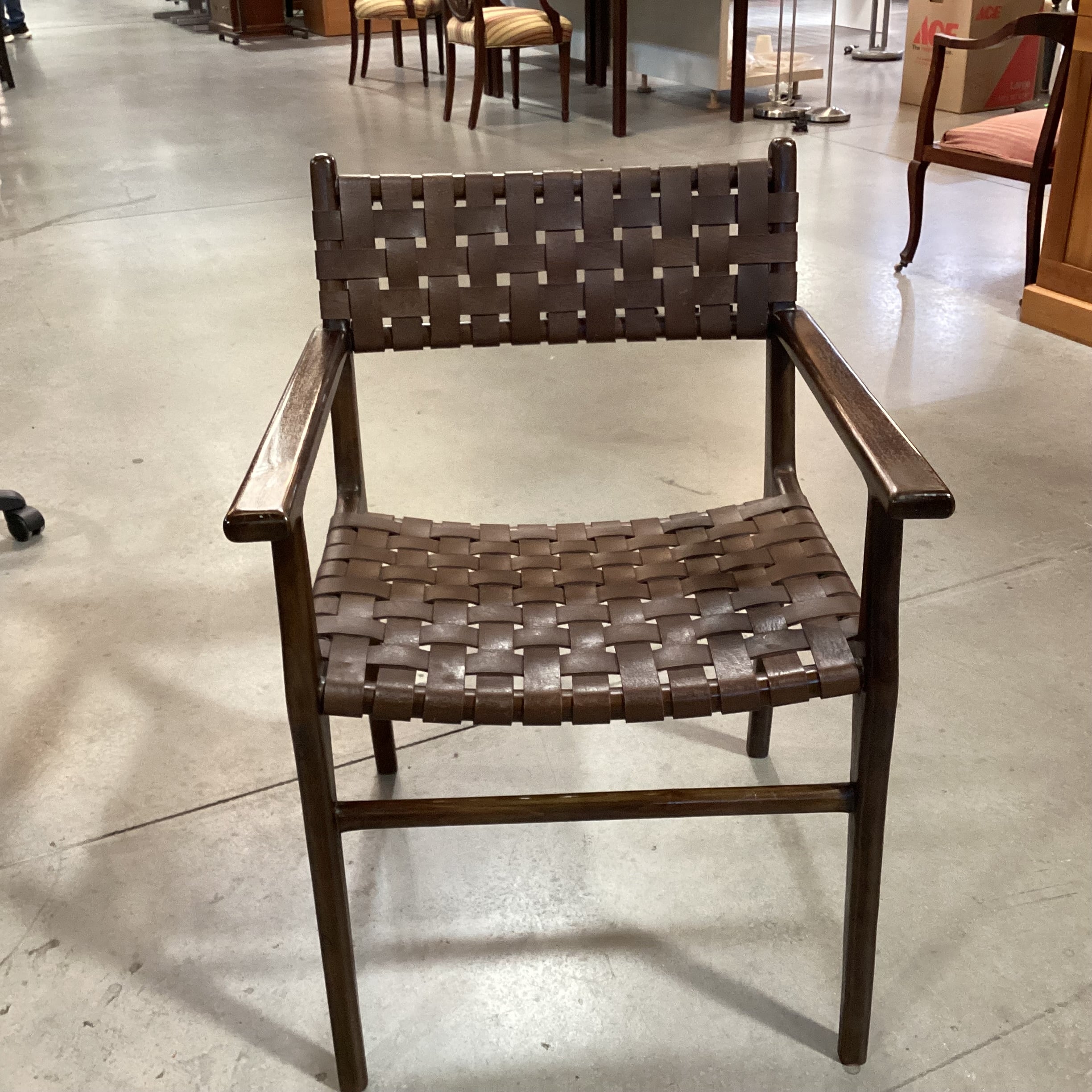 Mid Century Style Dark Finish Wood & Leather Basket Weave Chair 24"x 24"x 34"