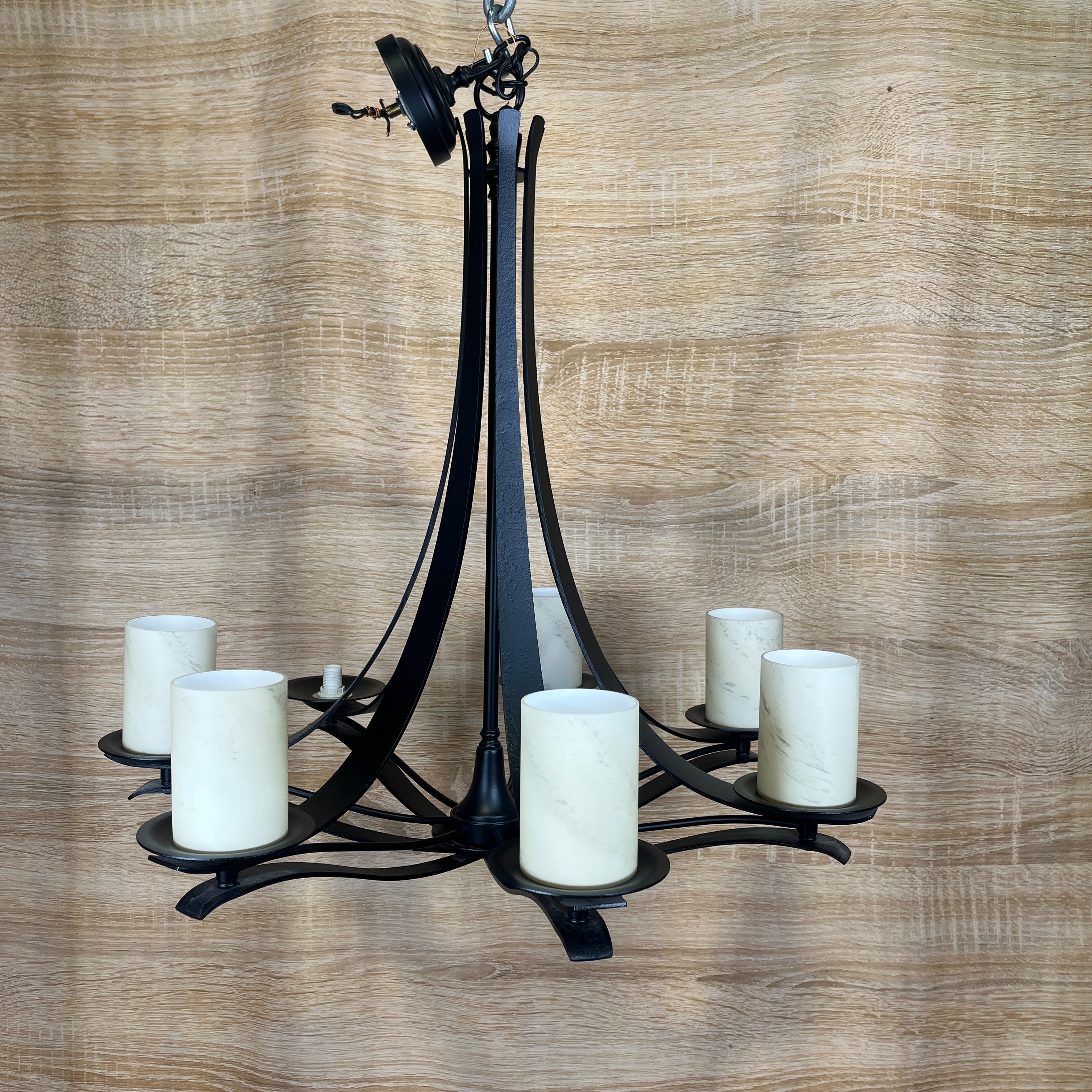 Spanish Revival Lighting 7-Light Wrought Iron with Marbled Glass Shades Chandelier 32" Diameter x 32" - 42"