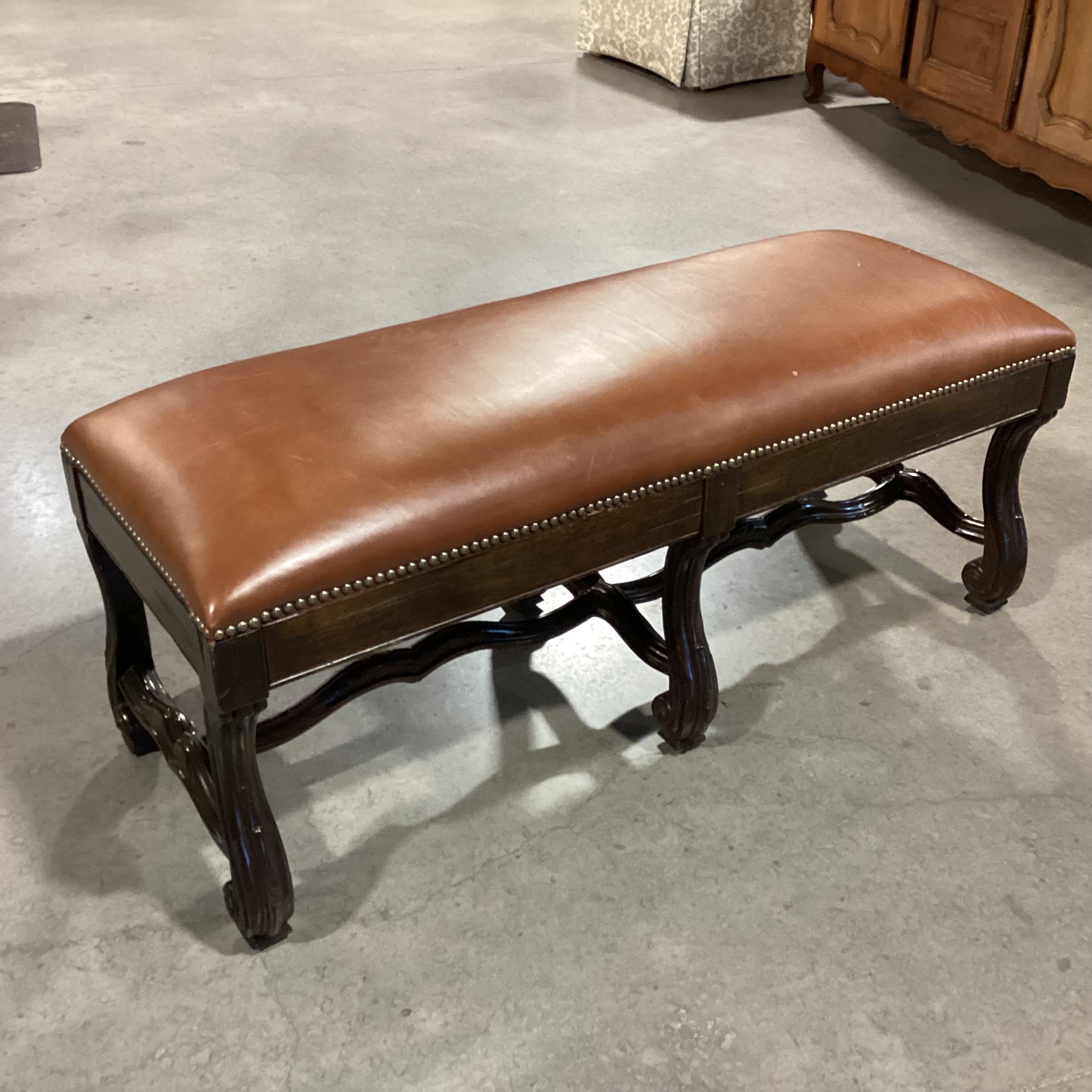 Lorts Leather Nailhead With Dark Finish Ornate Carved Trestle Bench 48"x 19"x 20"