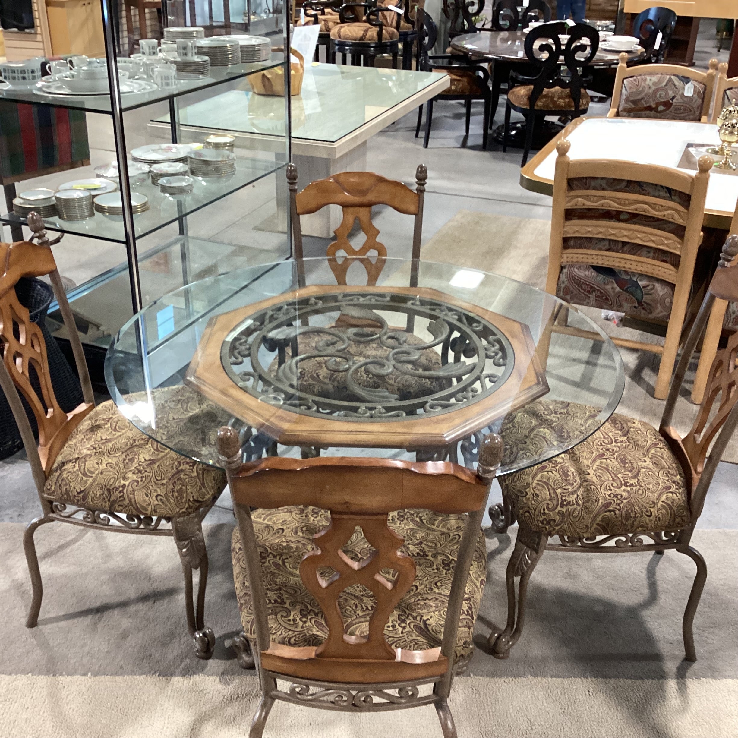 Ashley Ornate Iron Wood & Round Glass Table with 4 Chairs Dining Set 48" Diameter x 30"