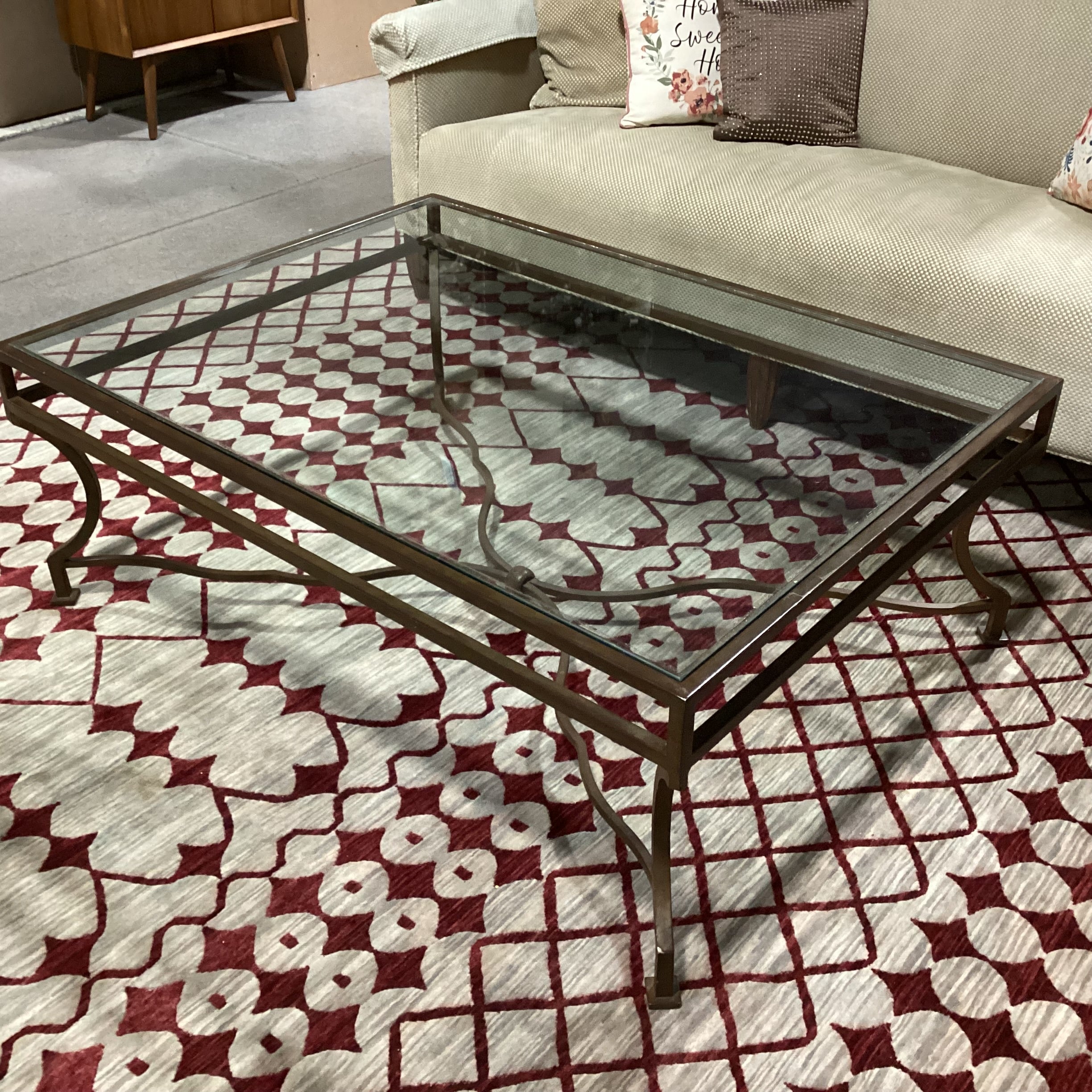 Iron with Trestle & Glass Coffee Table 48"x 36"x 17.5"