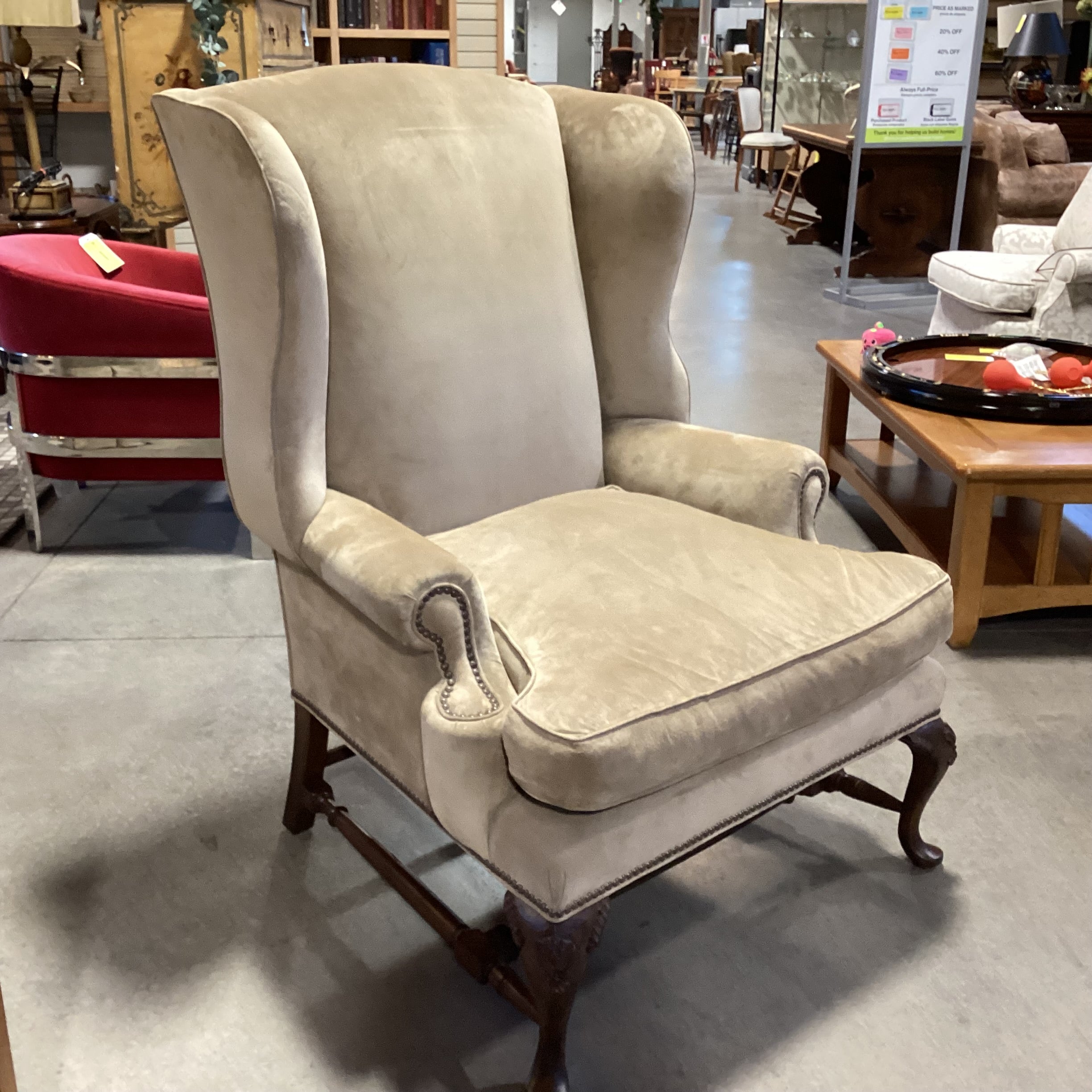 JJ Custom Beige Tan Suede Nailhead Down Mix & Carved Wood Wing Chair 36"x 36"x 47"