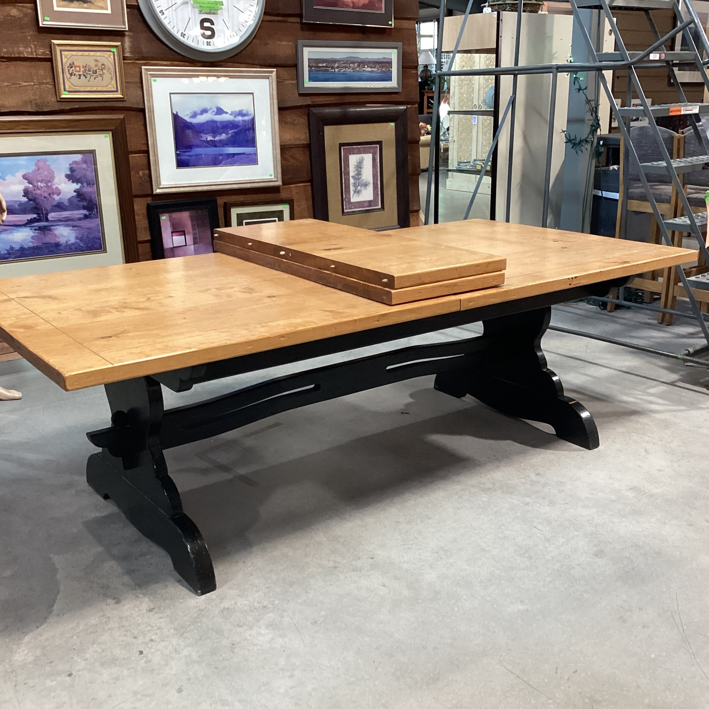 Solid Natural & Dark Green Wood Farmhouse Style with Trestle & 2 Leaves Dining Table 96" to 132"x 47.5"x 31"