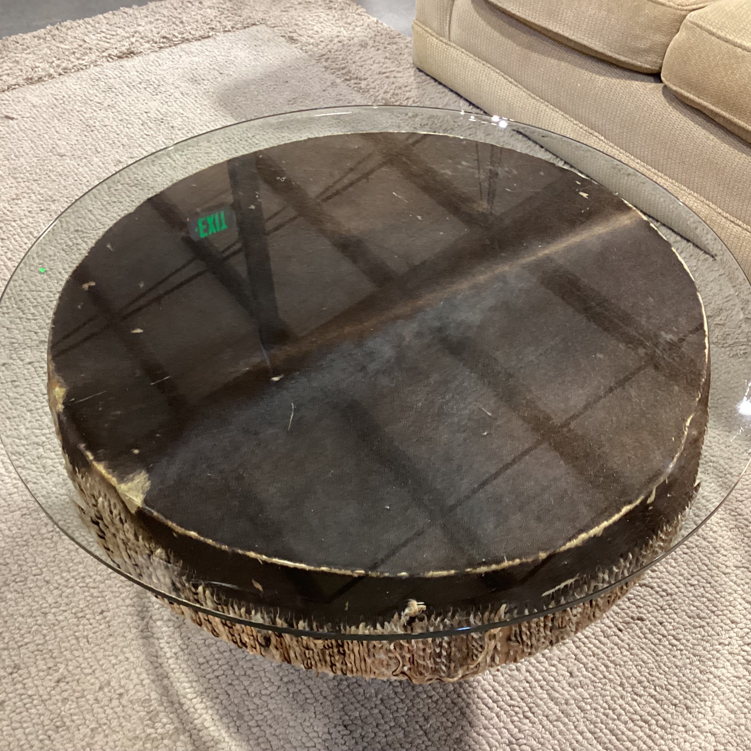 Vintage African Tribal Drum with Hide & Glass Top Coffee Table 34" Diameter x 20"