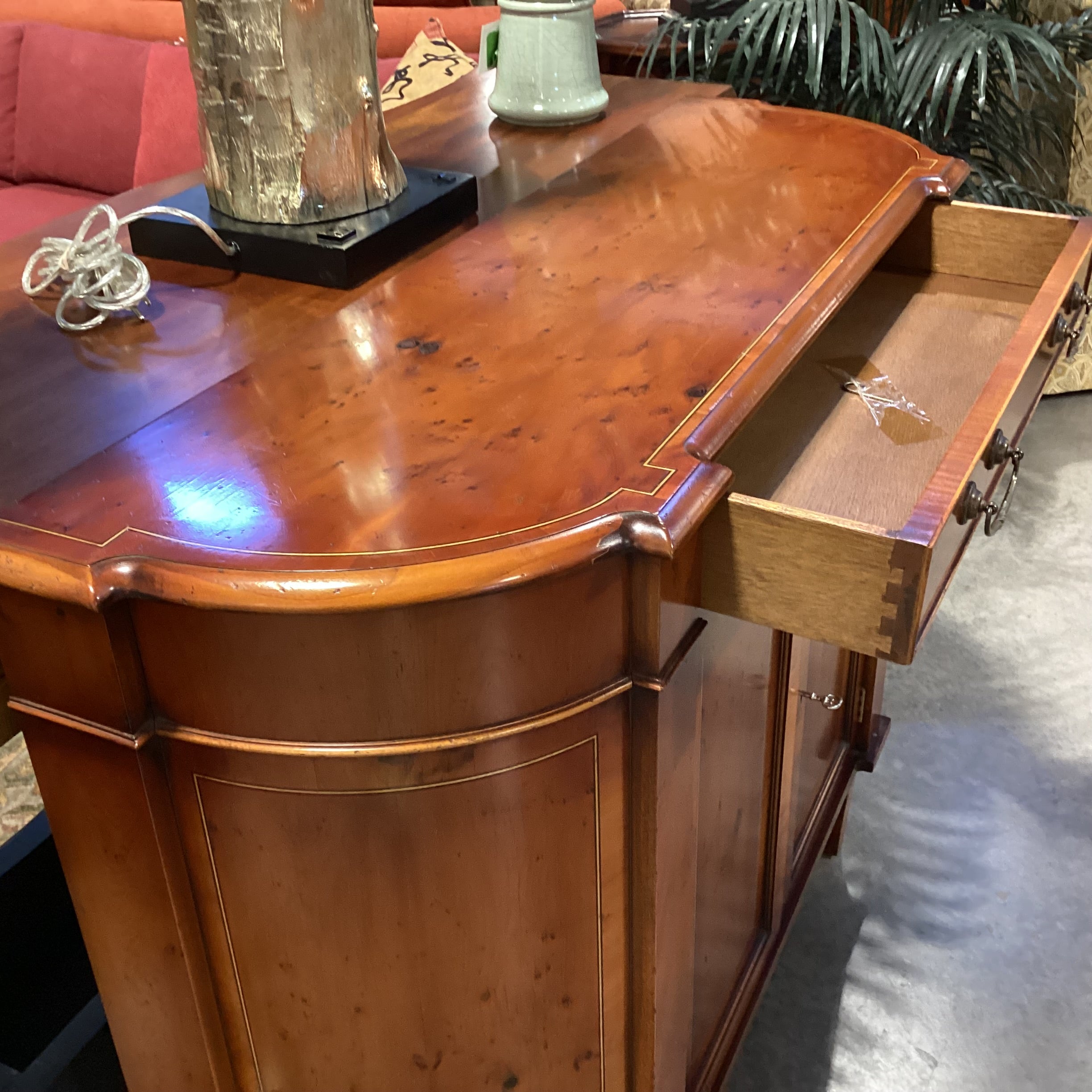 Antique Inspired Bow Front Burl or Birdseye Veneer & Decorative Inlay Lines 2 Door with Drawer Console 48"x 15.5"x 38.5"