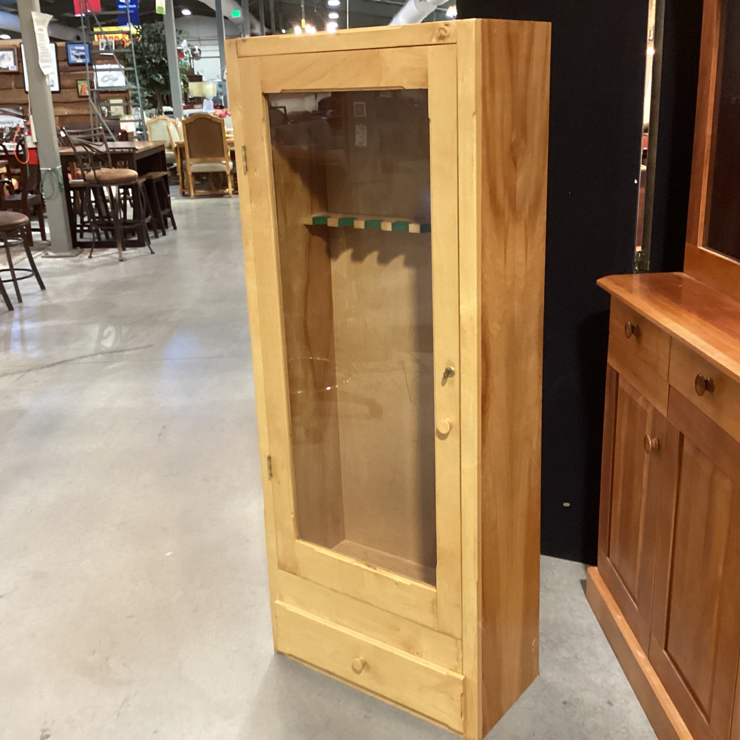 Natural Wood & Glass Door with Key Bottom Drawer Gun Cabinet Armoire 24"x 13"x 60"