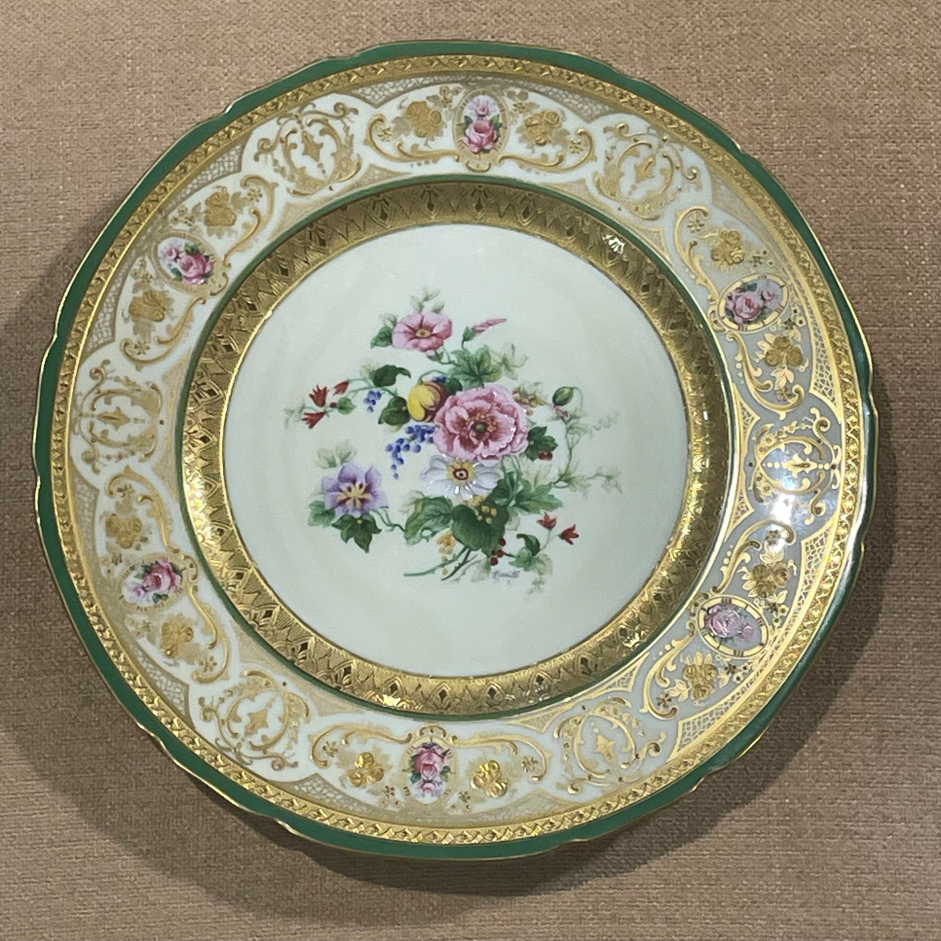 Set of 10 Antique Ahrenfeldt 10.75" Gold Encrusted Handpainted Porcelain Dinner Plates/Chargers, Made in France