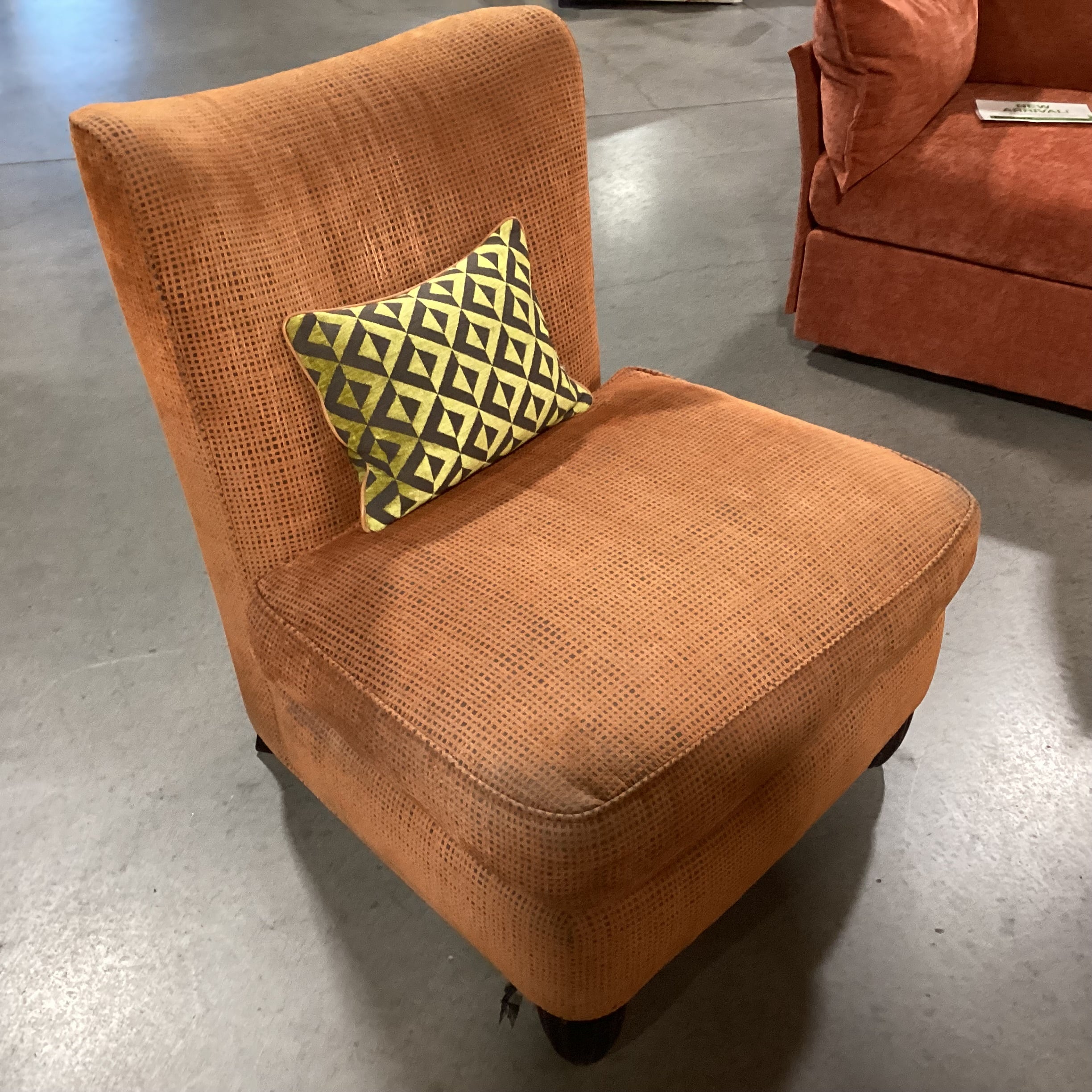 Vintage Mid Century Modern Burnt Orange Woven with Geometric Pillow Chair 32"x 34"x 35"