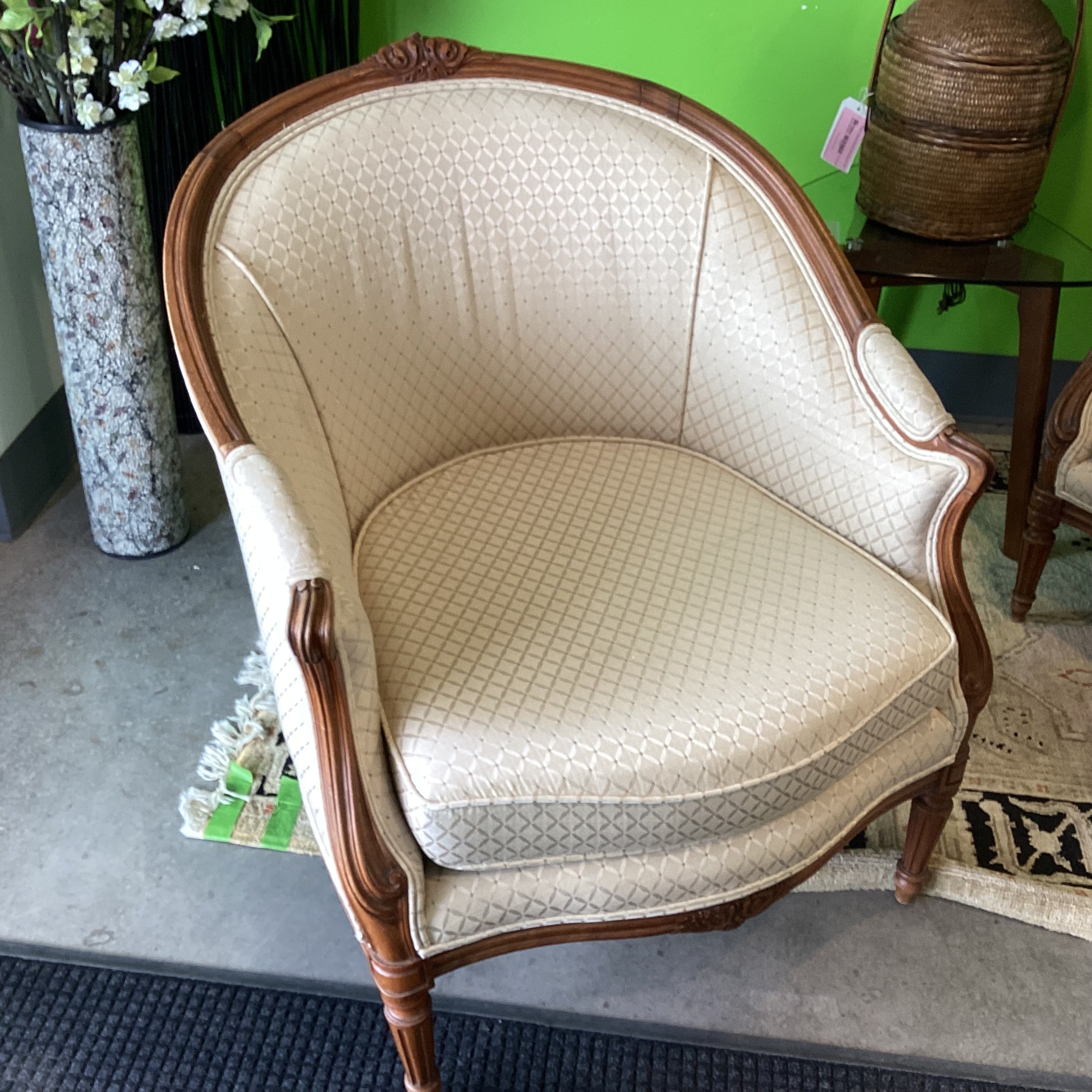 Antique Carved Oak & Golden Lattice Style Upholstery French Provincial Chair 32.5"x 34"x 38"