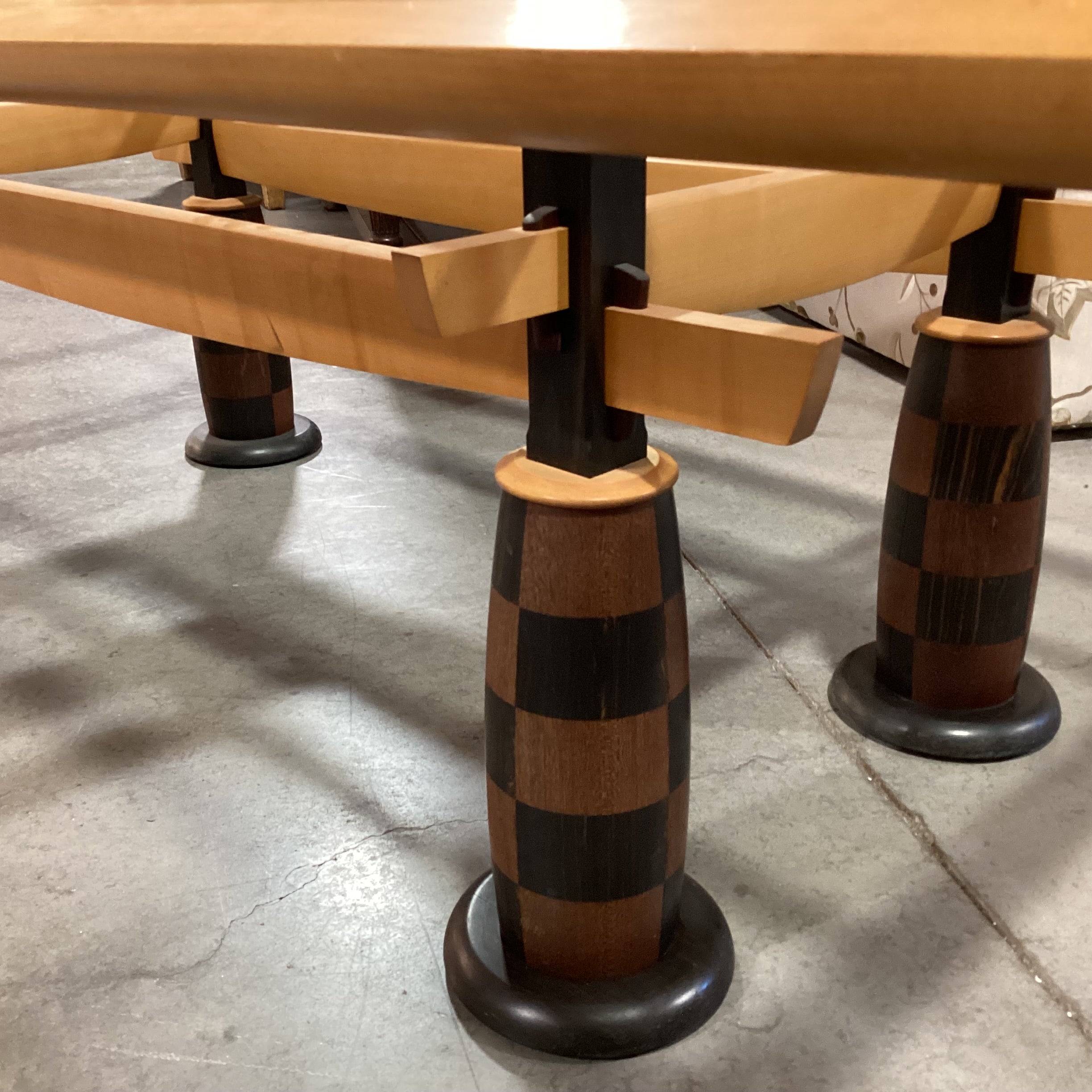 Vintage Mid Century Modern Wood & Glass with Checker Board Pattern Legs Coffee Table 59"x 28"x 19"