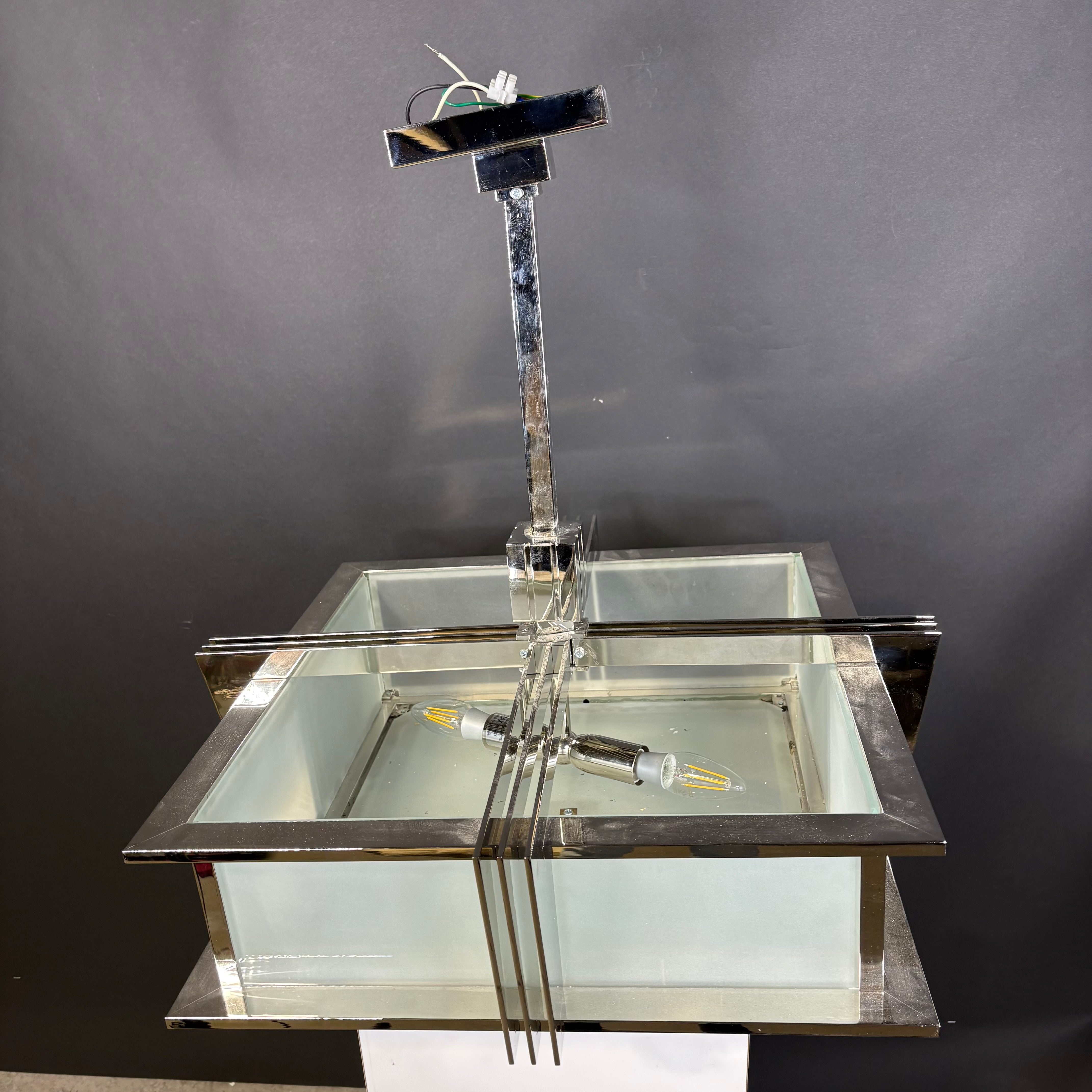 Modern Deco 2-Light Chrome with Frosted Glass Semi-Flush Ceiling Pendant 23.5”x 23.5”x 23.5”