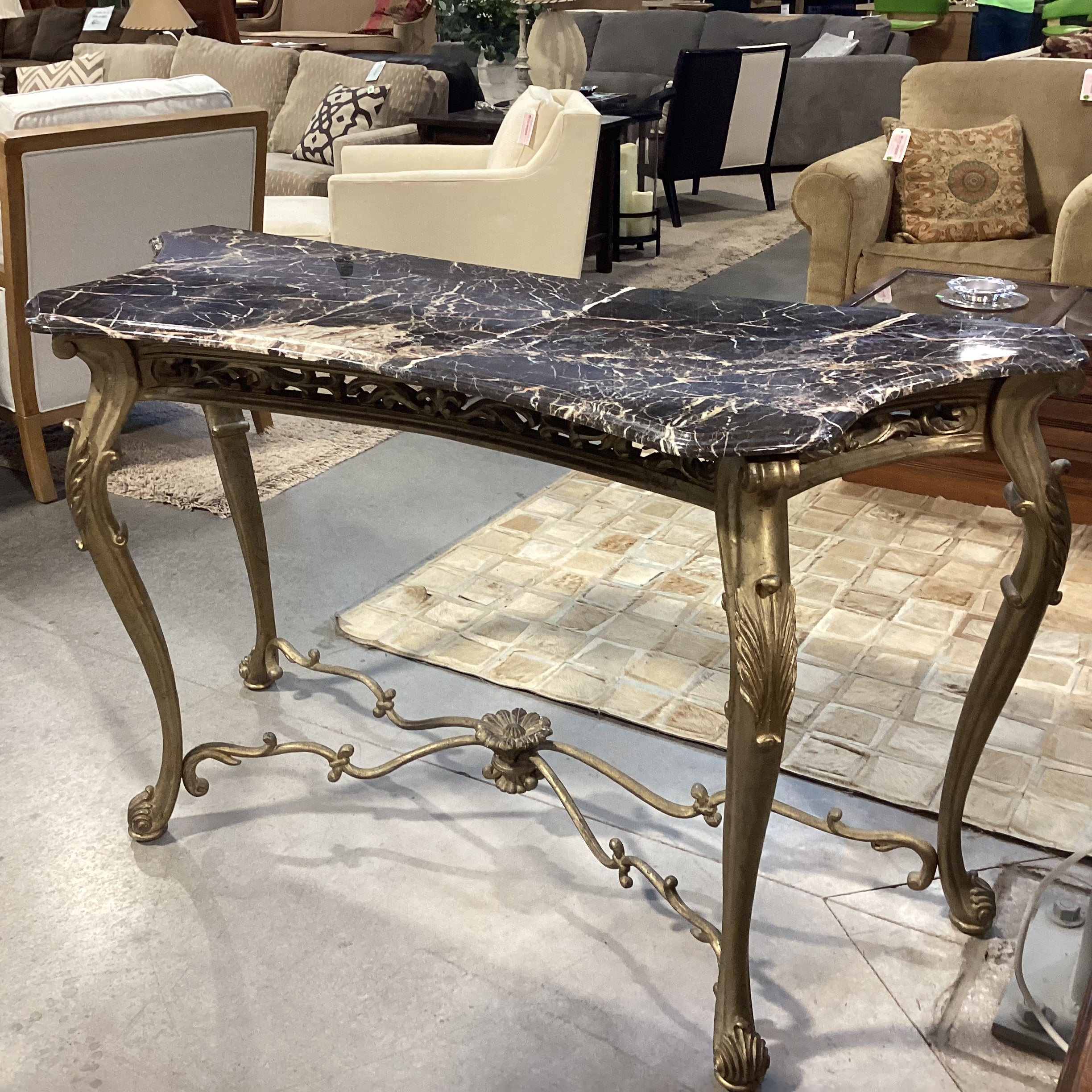 Gilt Gold Carved Wood Style Composite & Marble Top Accent Table 60"x 23"x 34.5"