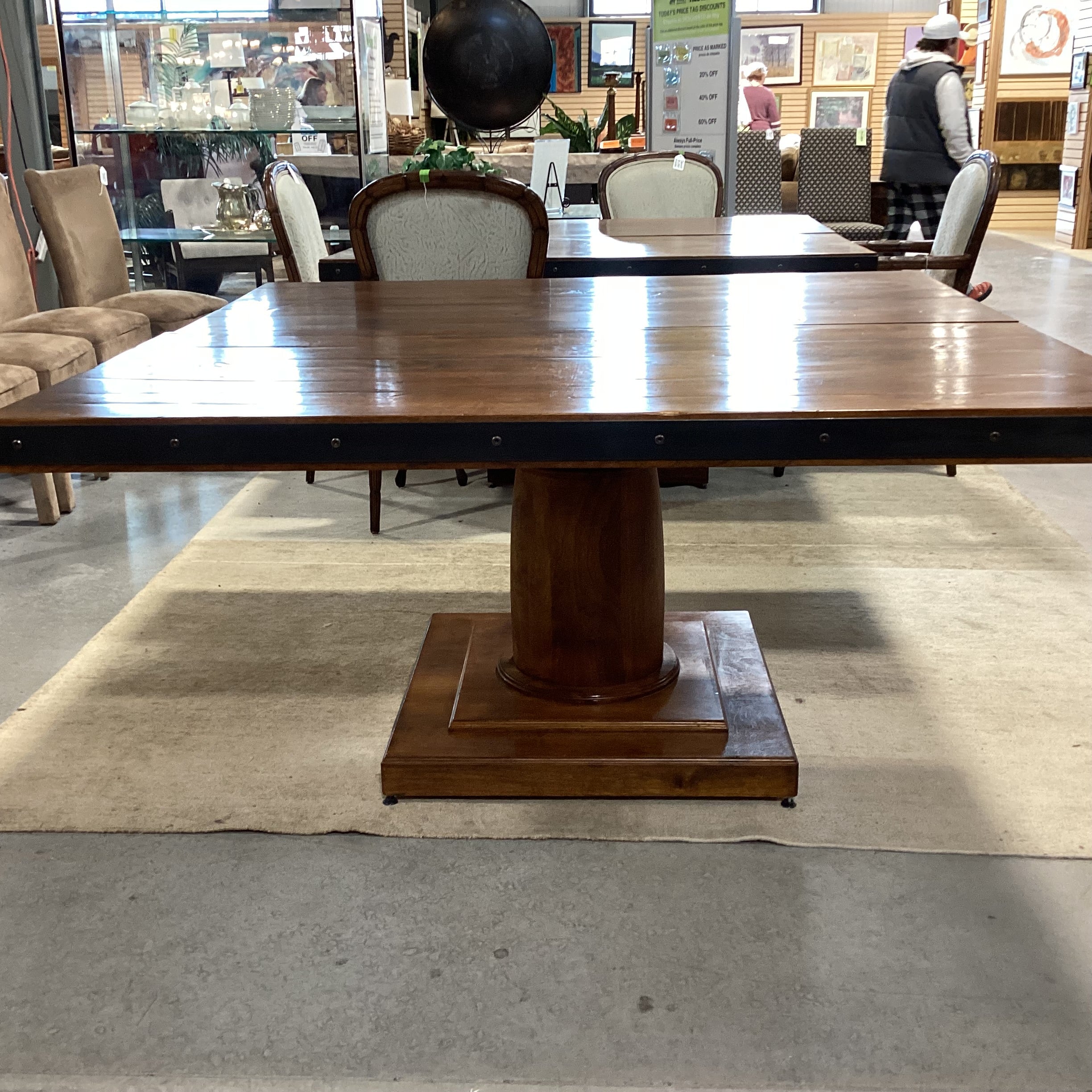 Custom Walnut & Iron Nailhead Edge with Pedestal Dining Table 60"x 60"x 30.5"