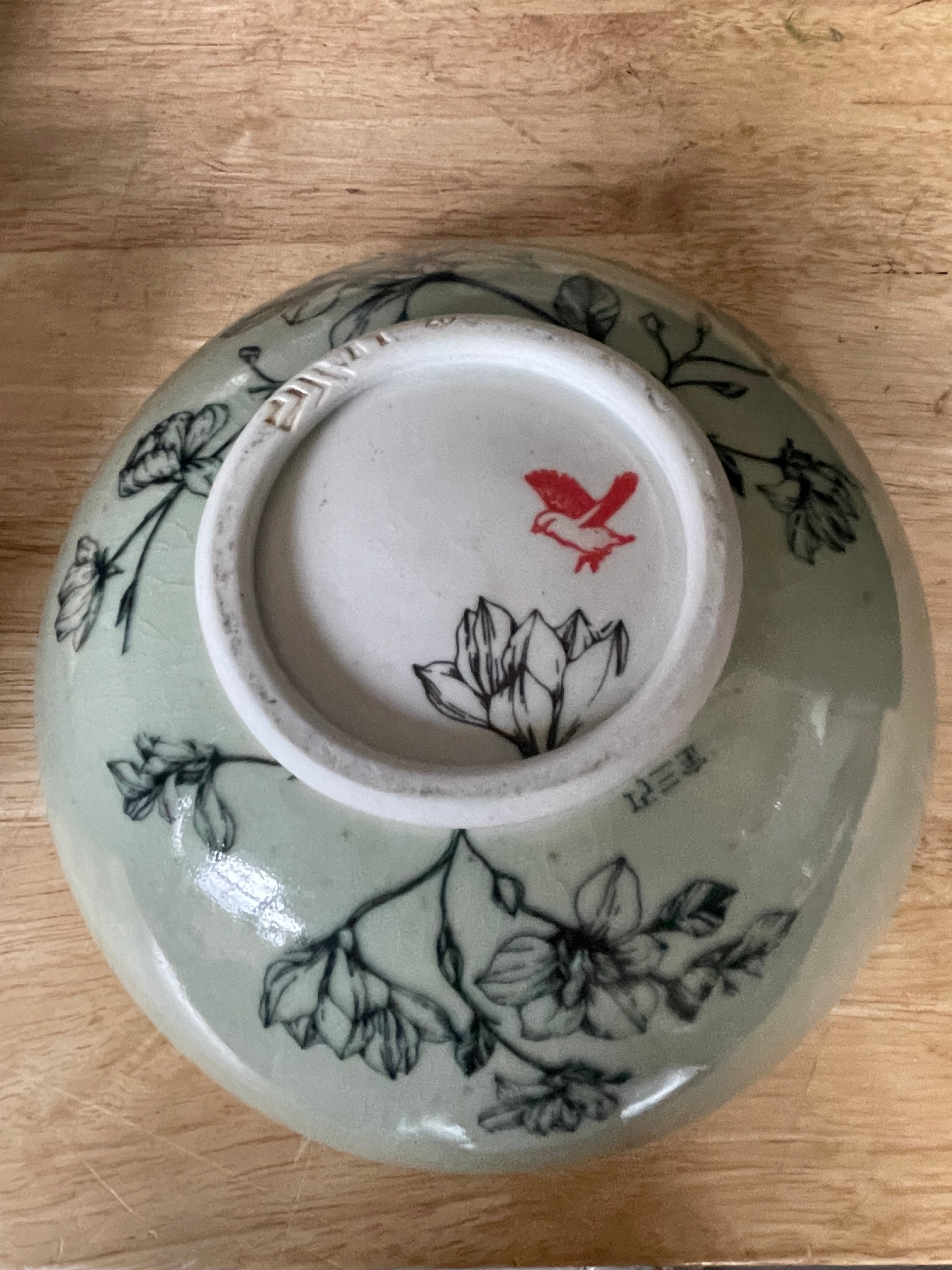 Set of 2 Vintage Korean Studio Art  Handpainted Celadon Footed Bowls Signed by Artist