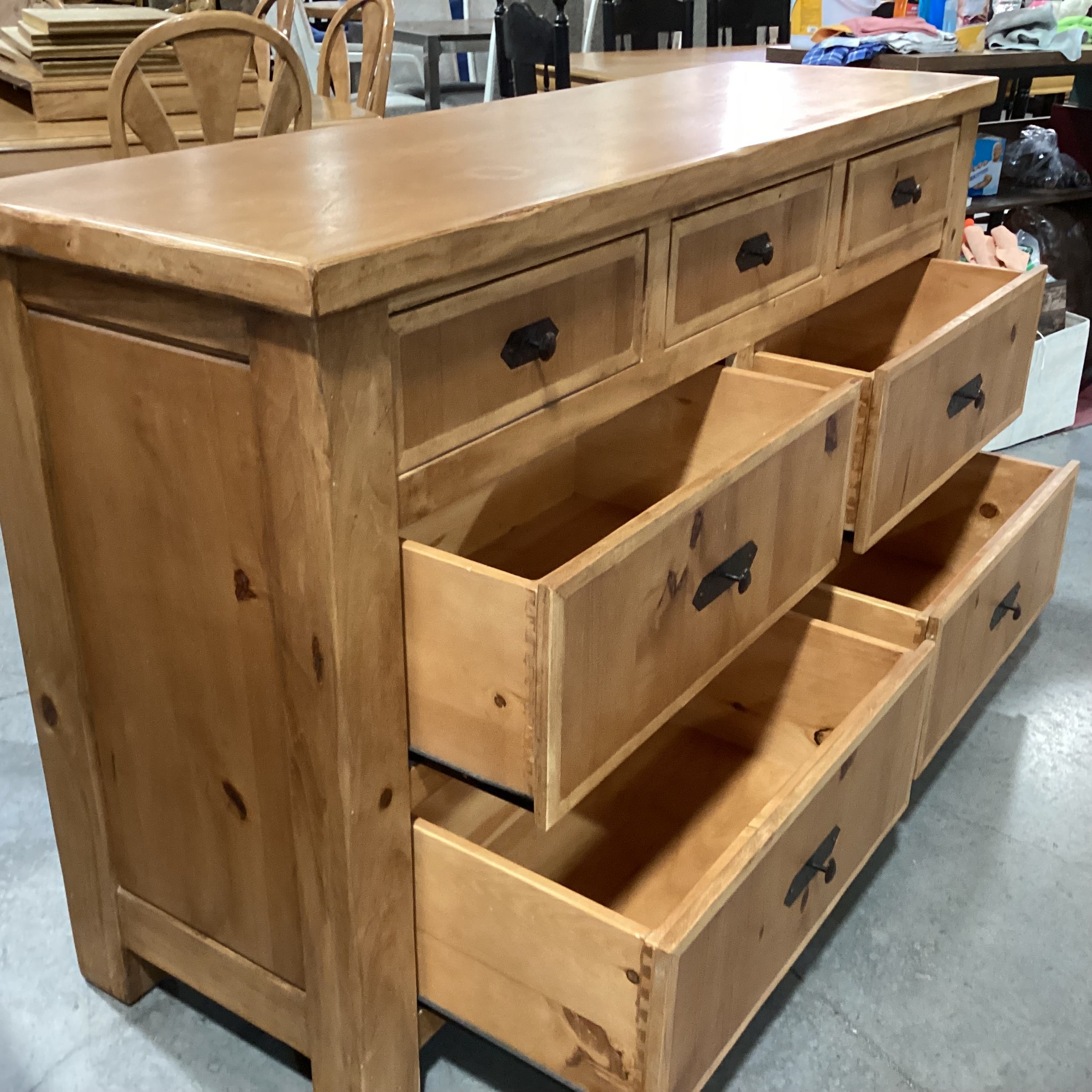 2 Tone Light Finish Solid Wood with Iron Accent 7 Drawer Dresser 64"x 19"x 38"