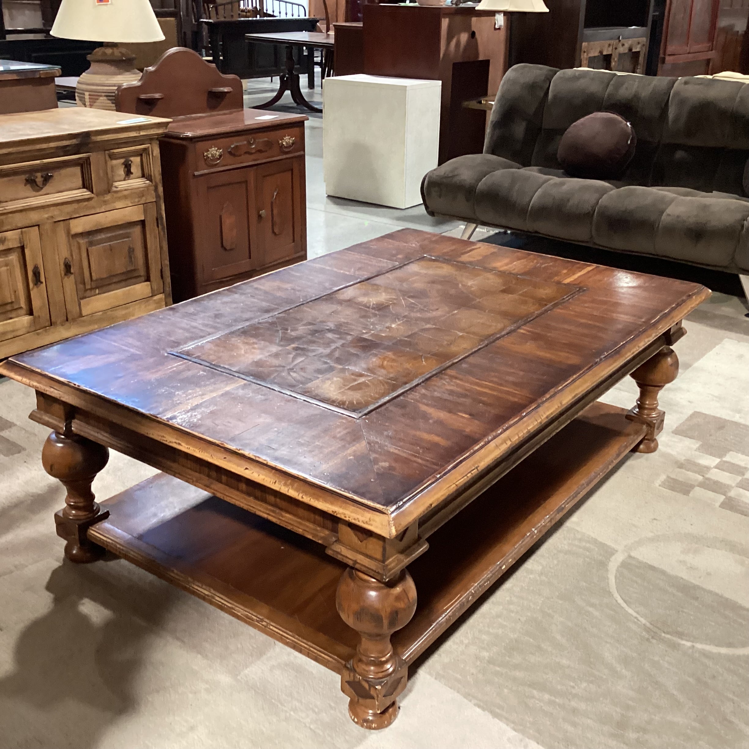 Solid Carved Distressed Wood with Center Block Style & Bottom Shelf Coffee Table 61"x 41"x 20"
