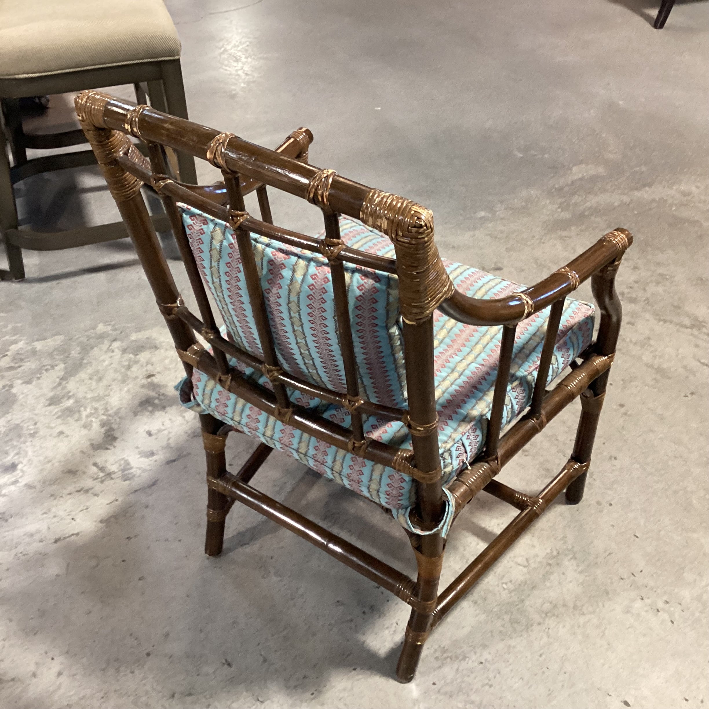 Bamboo Rattan with Blue Red Gold Ribbon Style Fabric Chair 23"x 23"x 34"