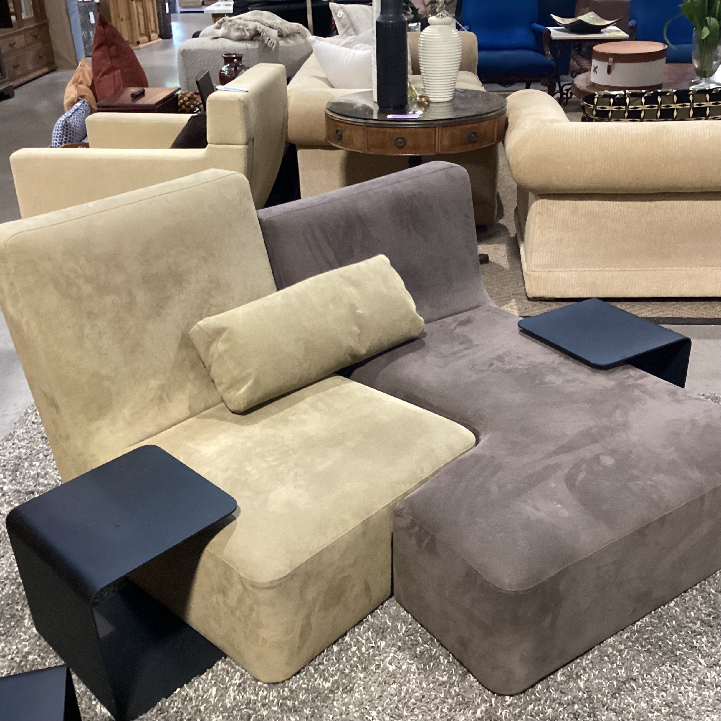 Liqne Roset Confluences by Philippe Nigro Brown & Tan Ultra Suede with 2 Black Iron Side Tables Modular Sectional 59"x 55"x 33"