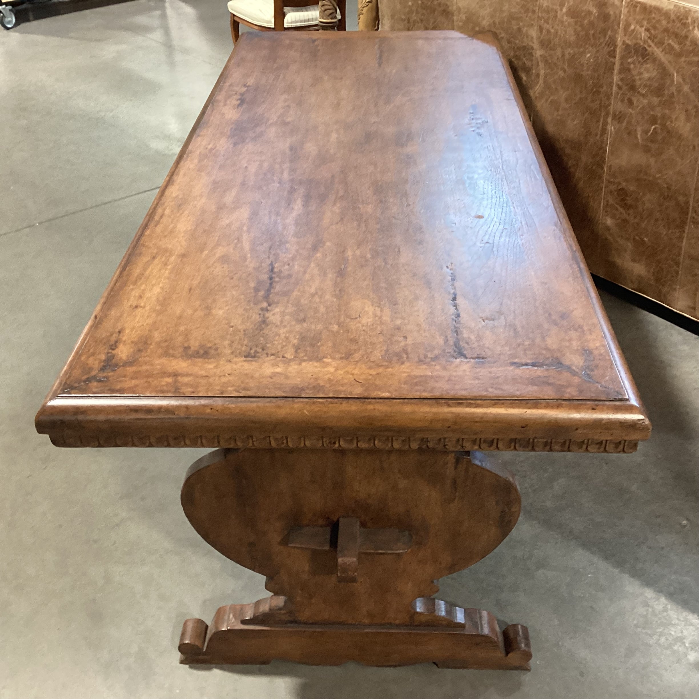 Distressed Finish Carved Wood with Dental Detail& Trestle Accent Table 70.5"x 30"x 30"