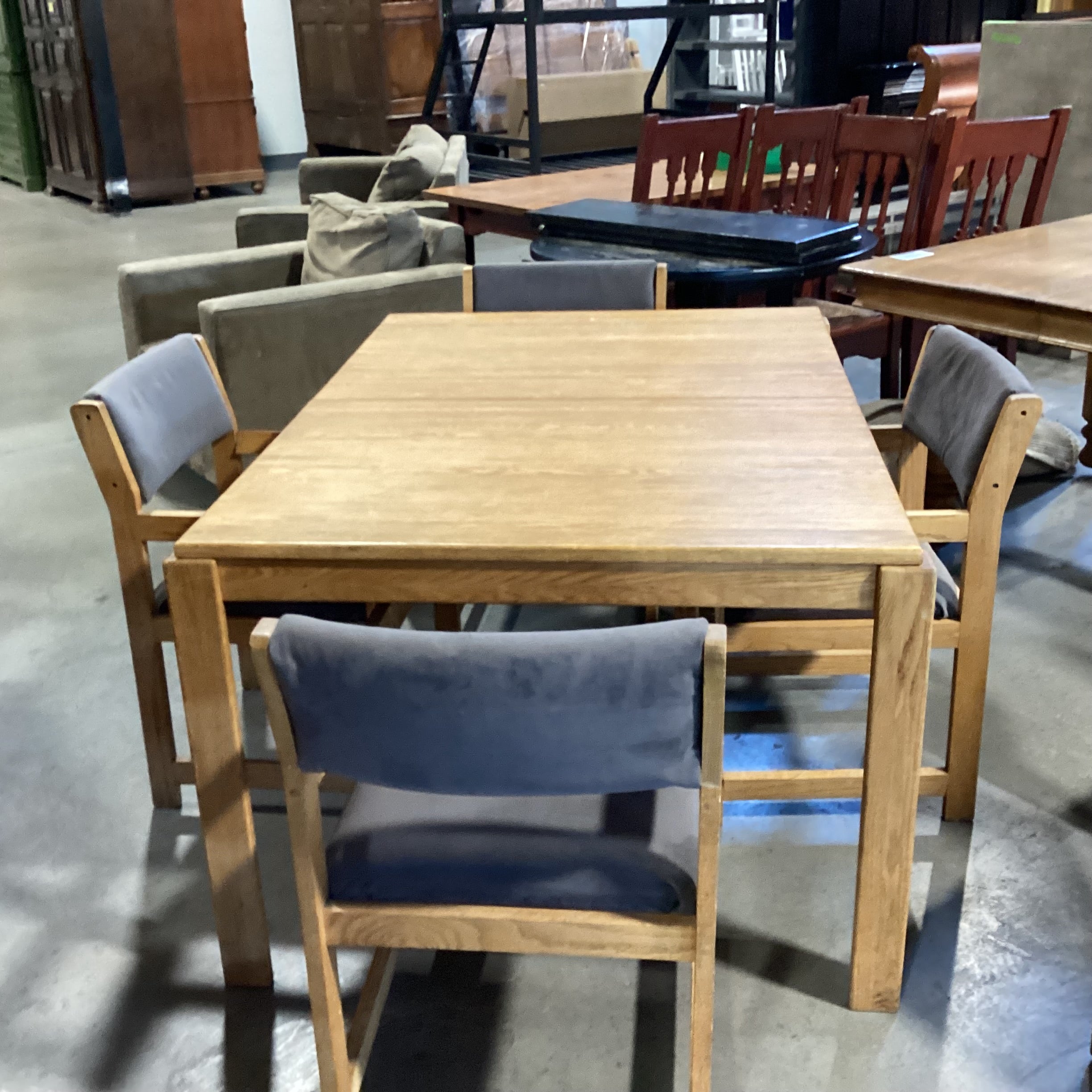 Vintage Oak Table with 4 Grey Velvet Chairs Dining Set 59"x 42"x 29.5"