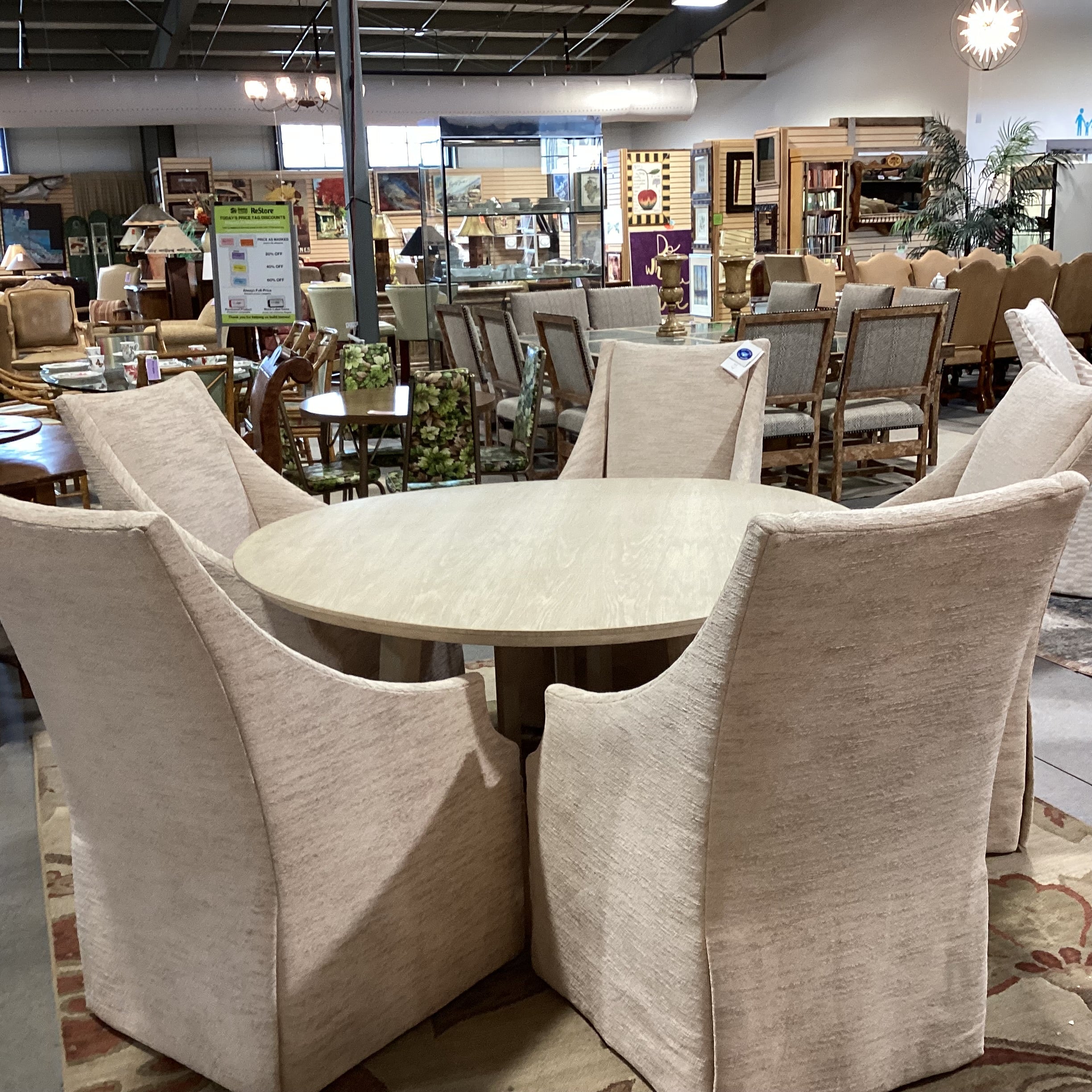 Custom Round Washed Wood & 5 Century Furniture Beige Cream Chenille Woven Slope Arm Chairs Dining Set 60" Diameter x 29"