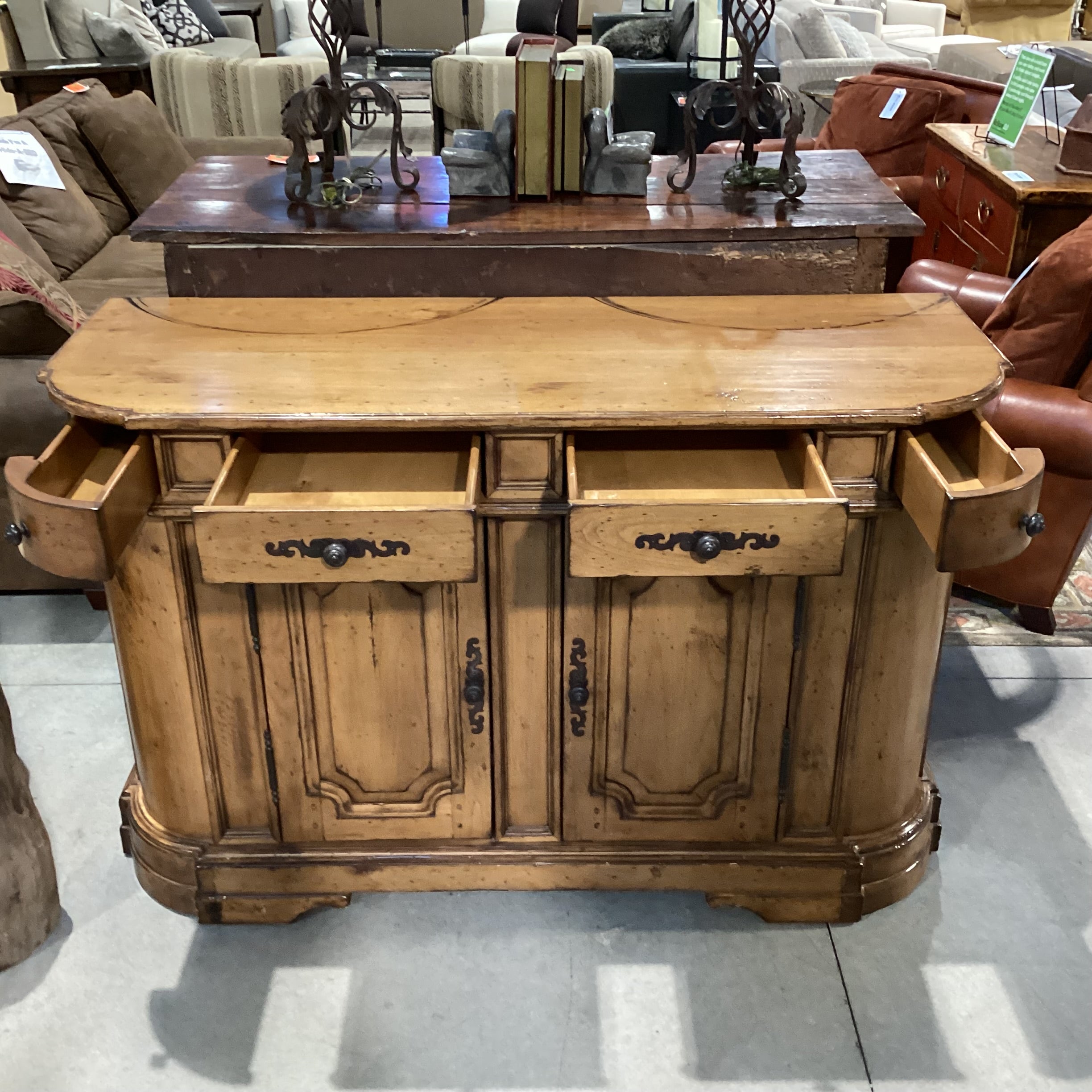 Distressed Finish Carved Panel Details 4 Drawer Sideboard 60"x 22"x 38.5"