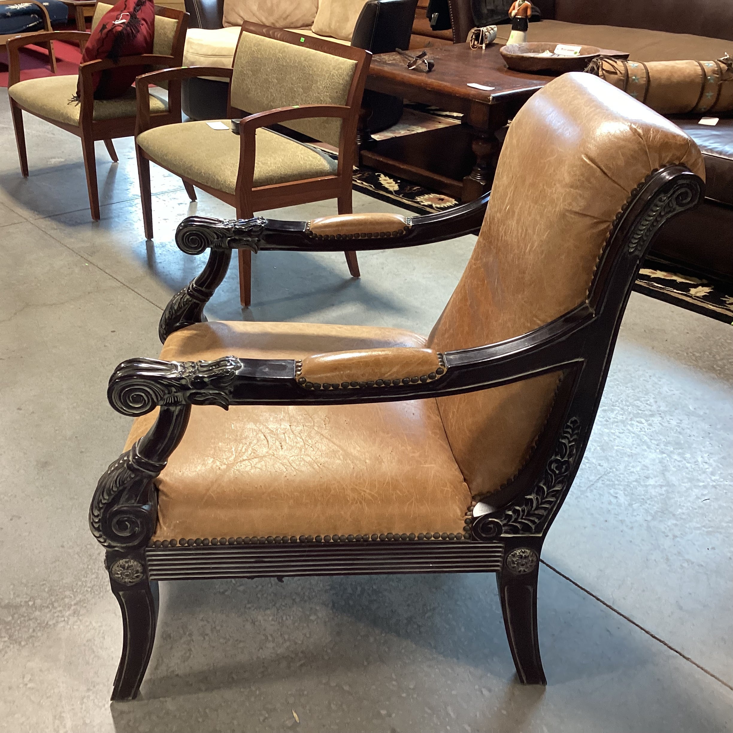 Ornate Dark Finish Carved Wood & Leather Chair 29"x 34"x 39"