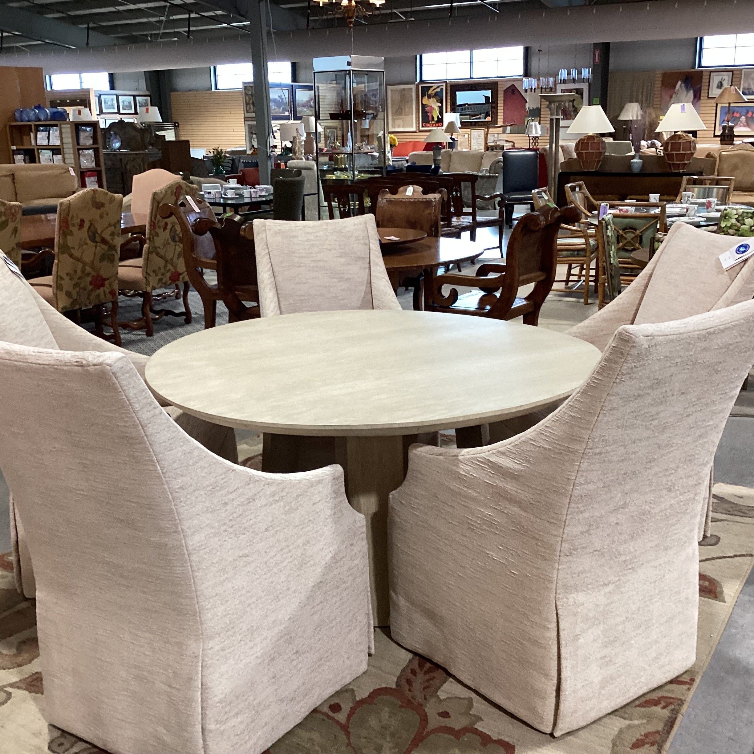 Custom Round Washed Wood & 5 Century Furniture Beige Cream Chenille Woven Slope Arm Chairs Dining Set 60" Diameter x 29"