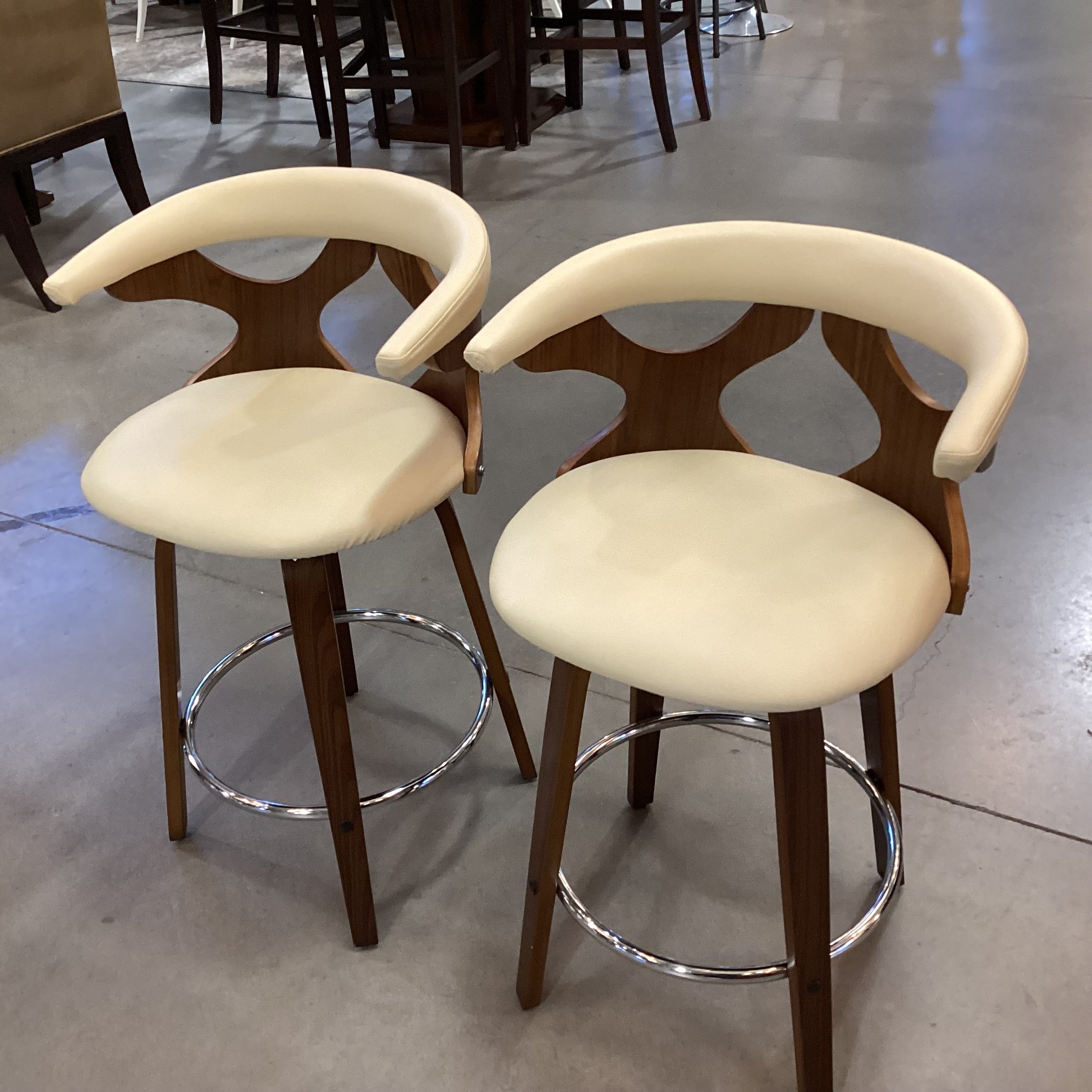 SET of 2 Lumisource Gardenia Mid Century Style Faux Cream Leather & Wood Barstools 25"