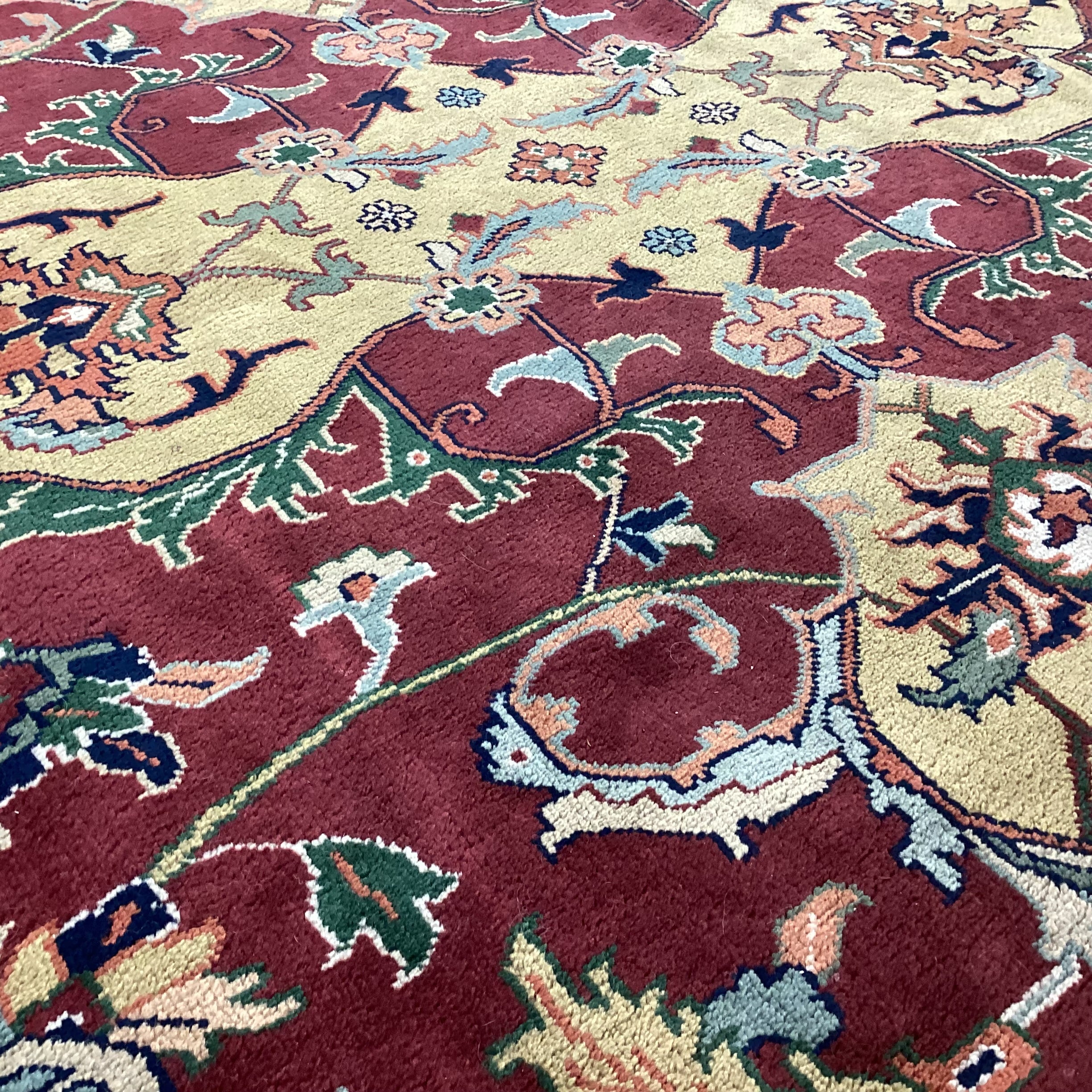 Vintage Burgundy Green & Gold Hand Woven Wool Rug 8'x 10'